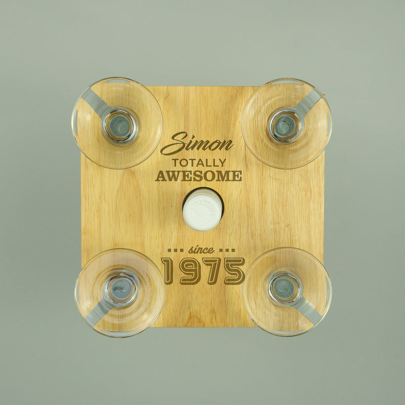 Personalised 50th Birthday present custom engraved quad wine glasses bottle tray holder