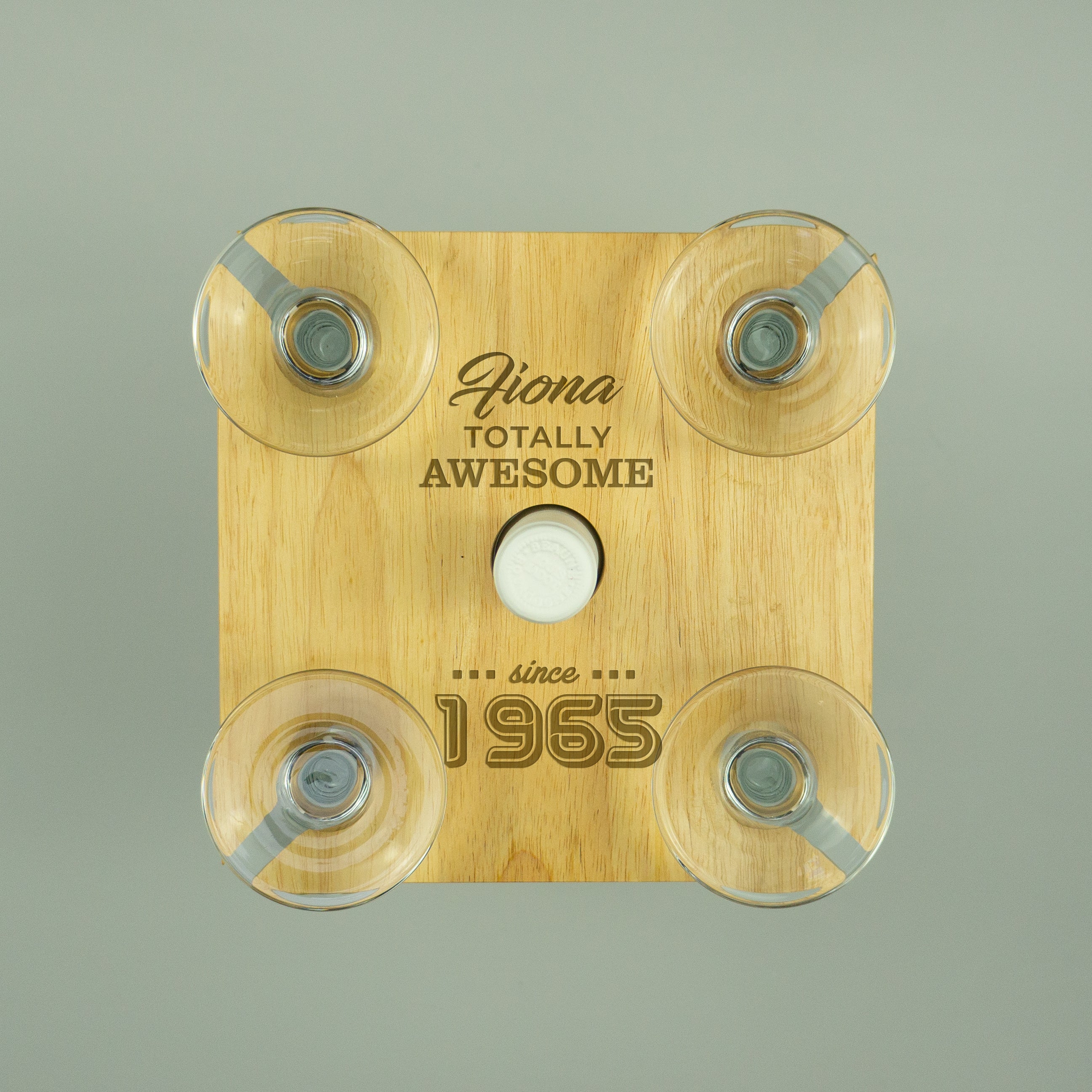 Personalised 60th Birthday present custom engraved quad wine glasses bottle tray holder