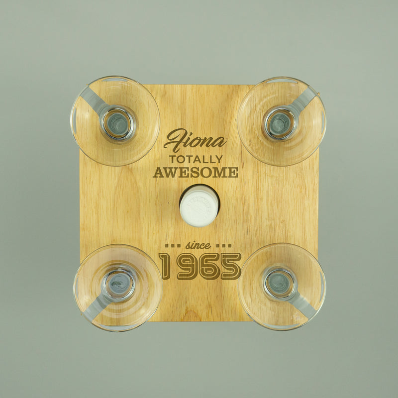 Personalised 60th Birthday present custom engraved quad wine glasses bottle tray holder