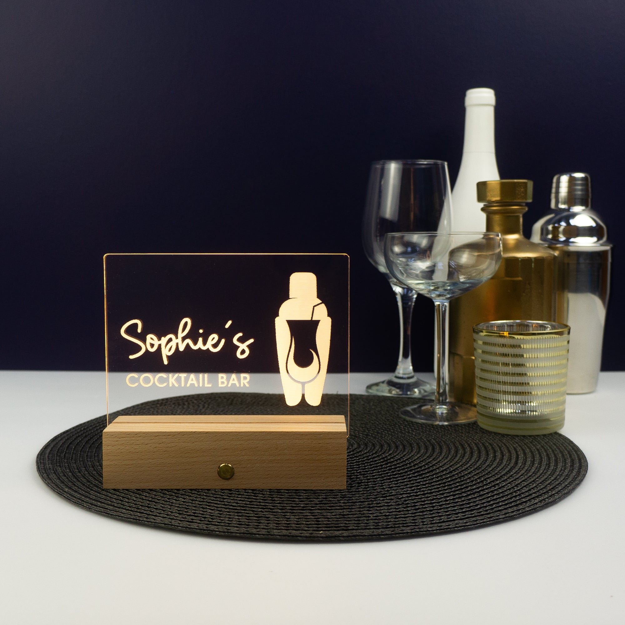 Personalised home cocktail light up LED sign. Small neon name plaque
