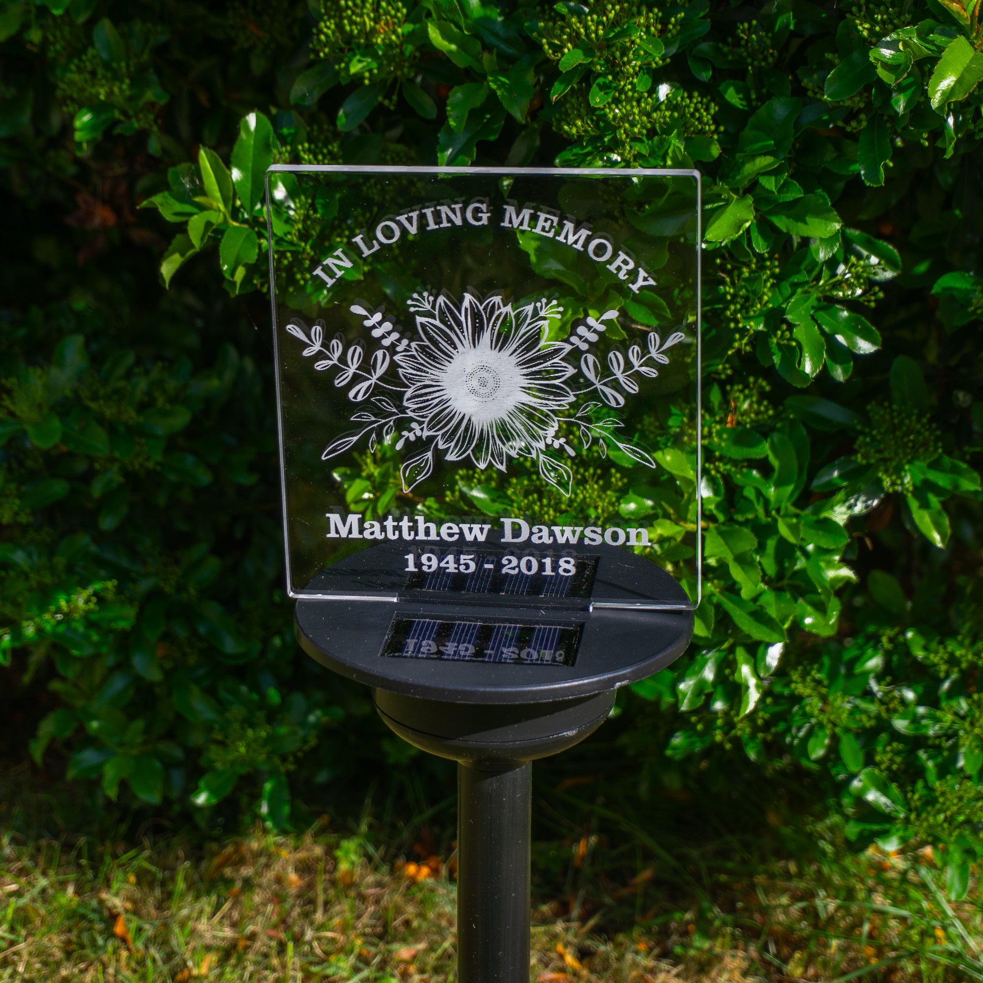 Condolence gift custom memorial sign. Solar powered multi coloured LED personalised name plaque