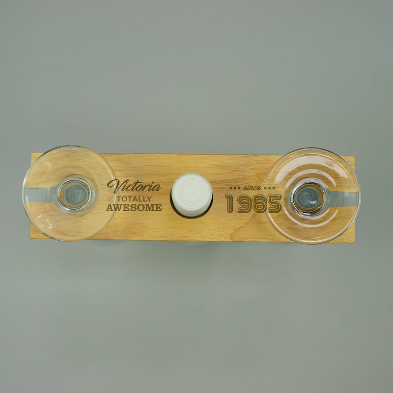 Personalised 40th Birthday present Gift for wine lover Custom engraved twin glasses bottle tray