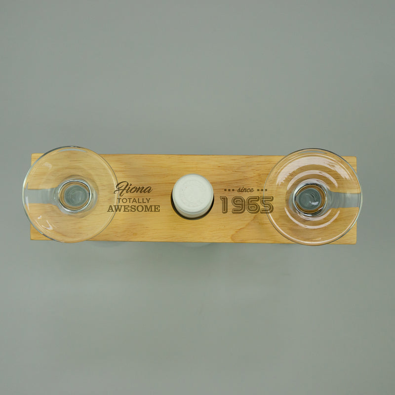 Personalised 60th Birthday present Gift for wine lover Custom engraved twin glasses bottle tray