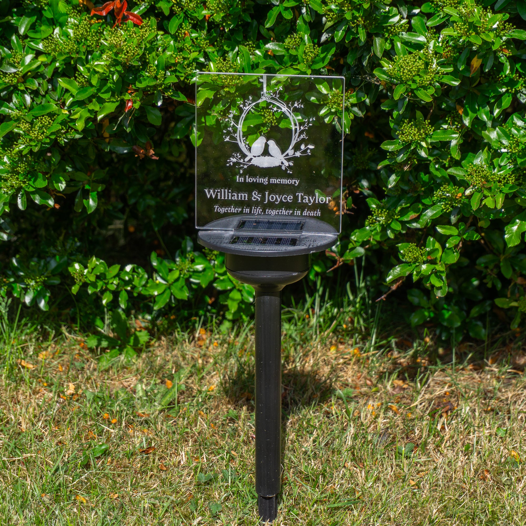 Custom memorial plaque for parents or grandparents. Personalised solar power garden graveside light up sign. in memory of, condolence gift