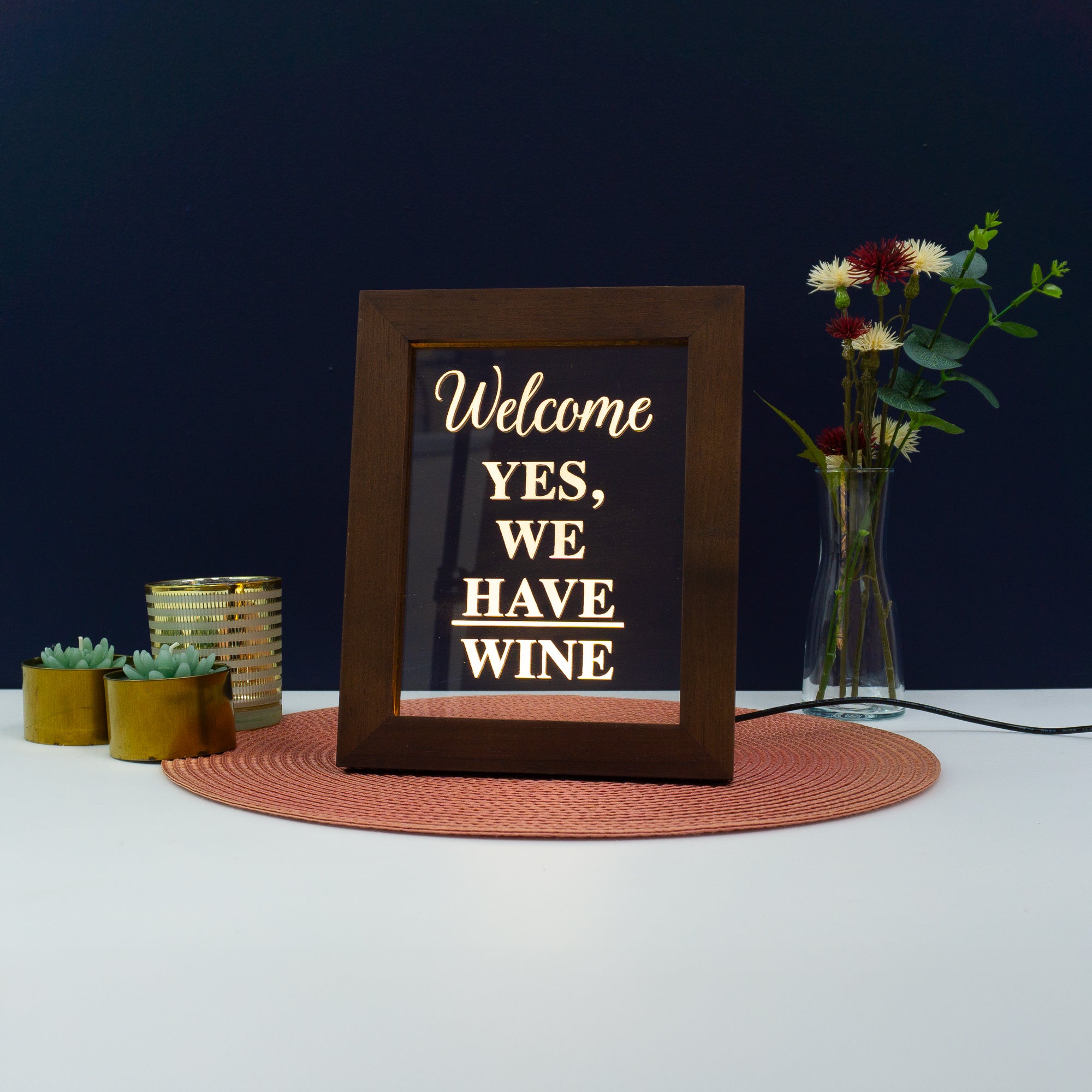 Decorative home funny pop art Welcome yes we have wine Light up LED framed sign