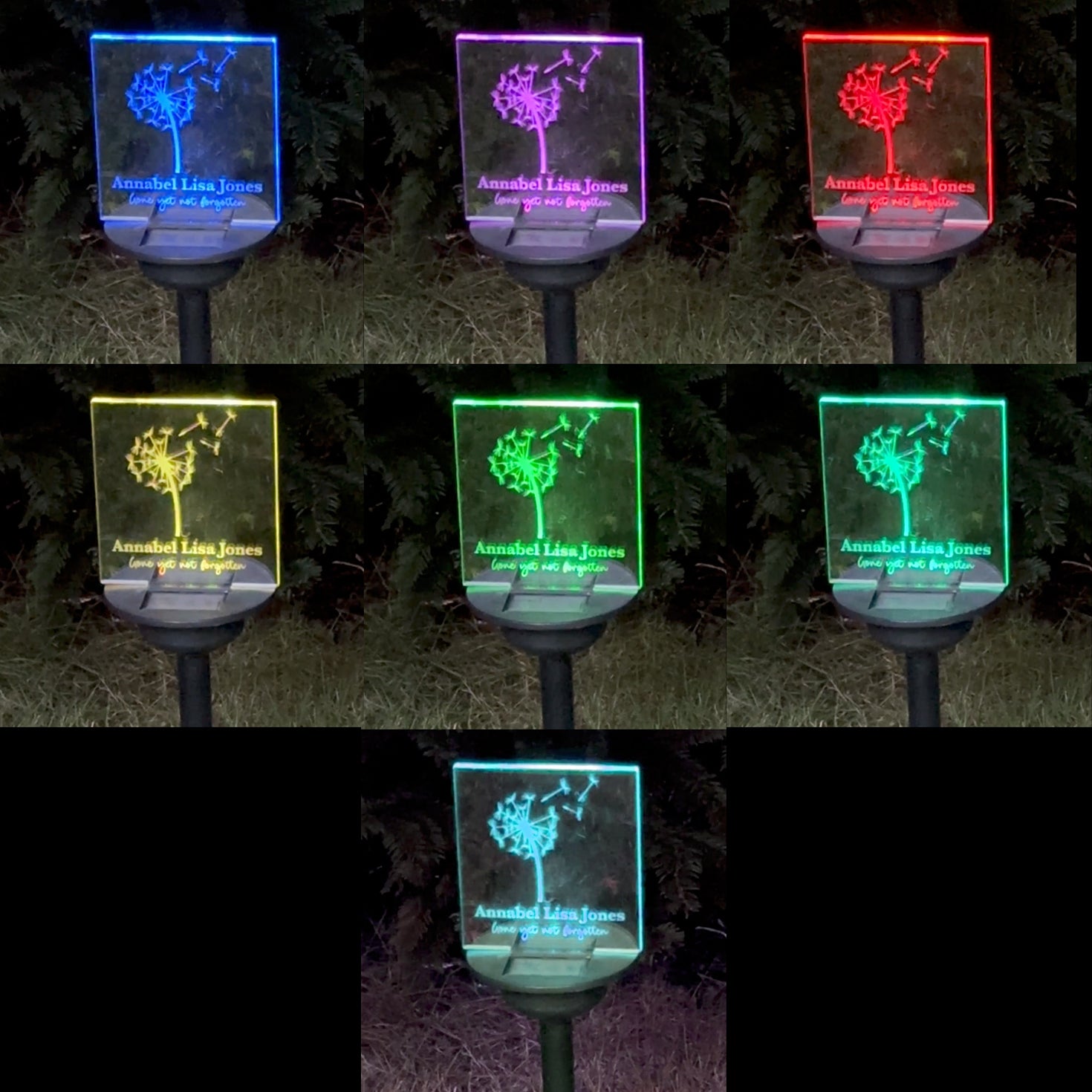 Solar powered light up outdoor LED name plaque graveside plaque.