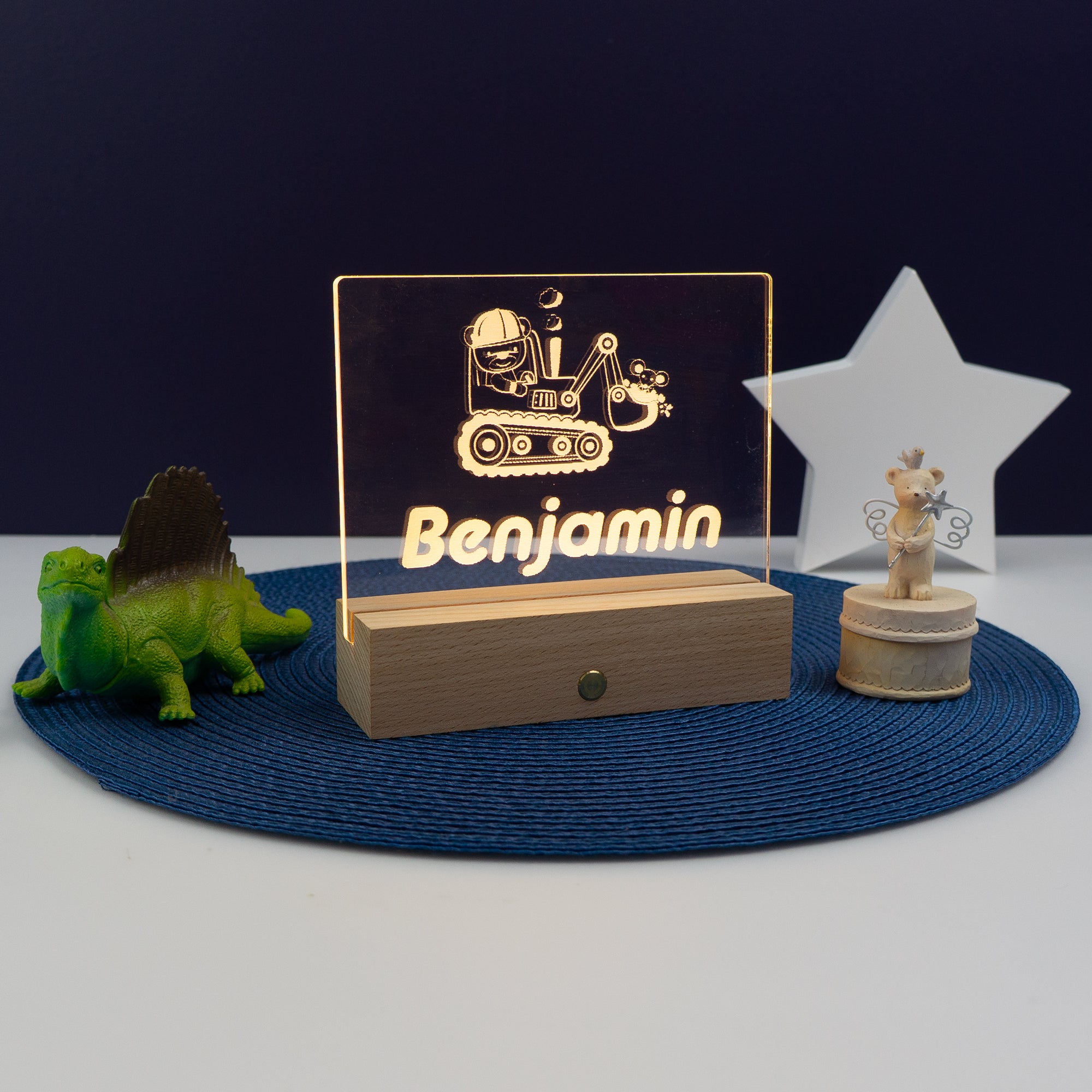 Personalised child's digger bedroom name sign. Light up LED decoration