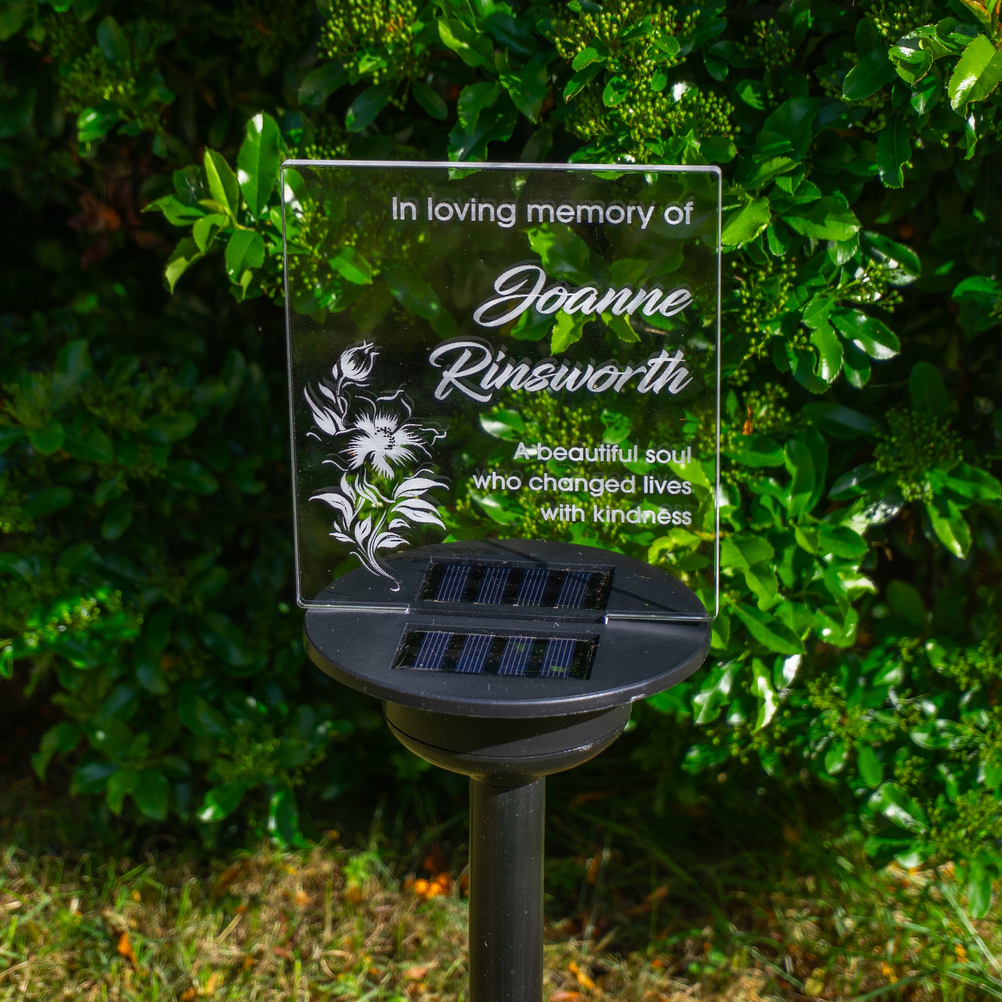 Floral sympathy gift custom made grave marker. Personalised solar powered light up LED sign. Memorial garden graveside name plaque
