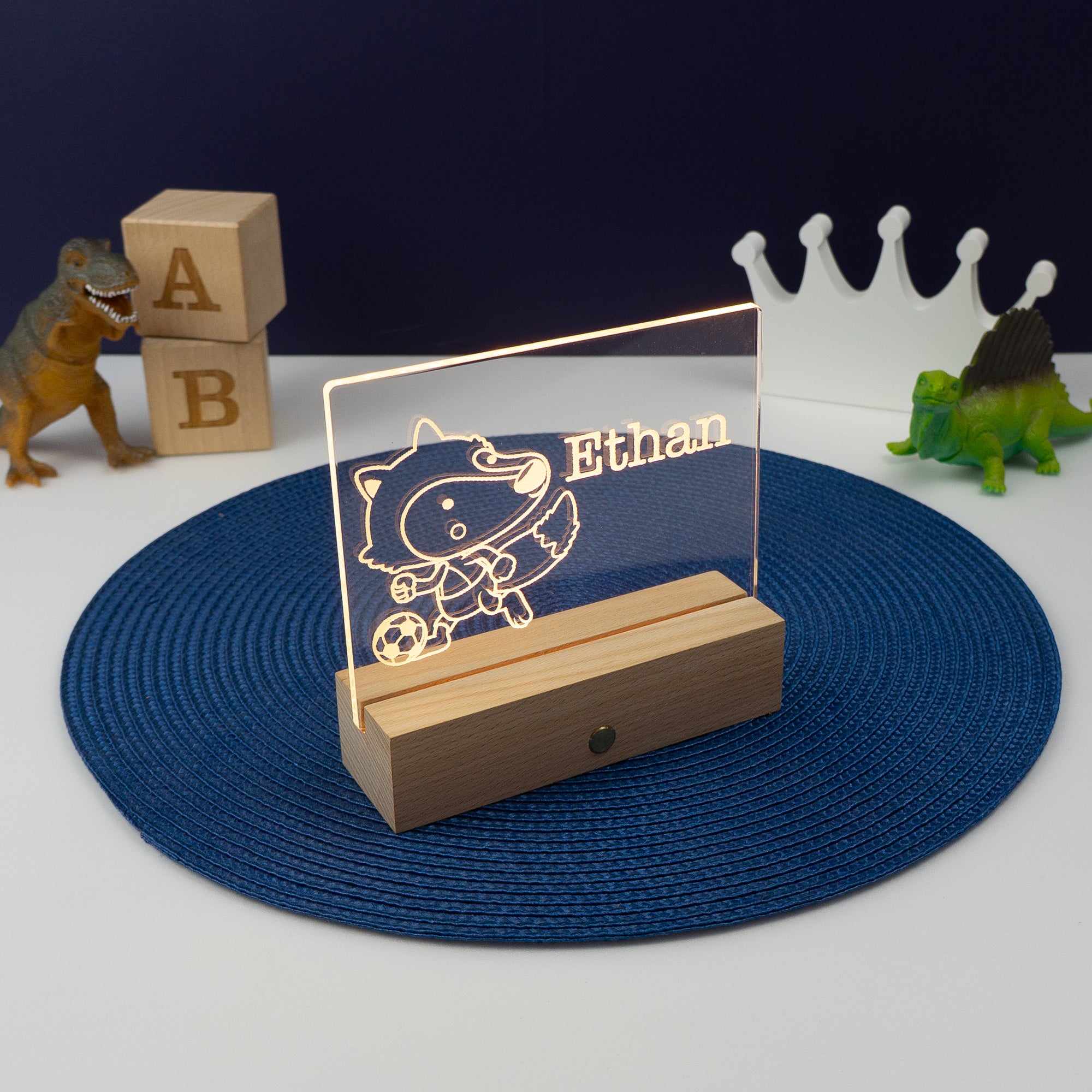 Personalised LED name sign. Baby football fox light up bedroom plaque