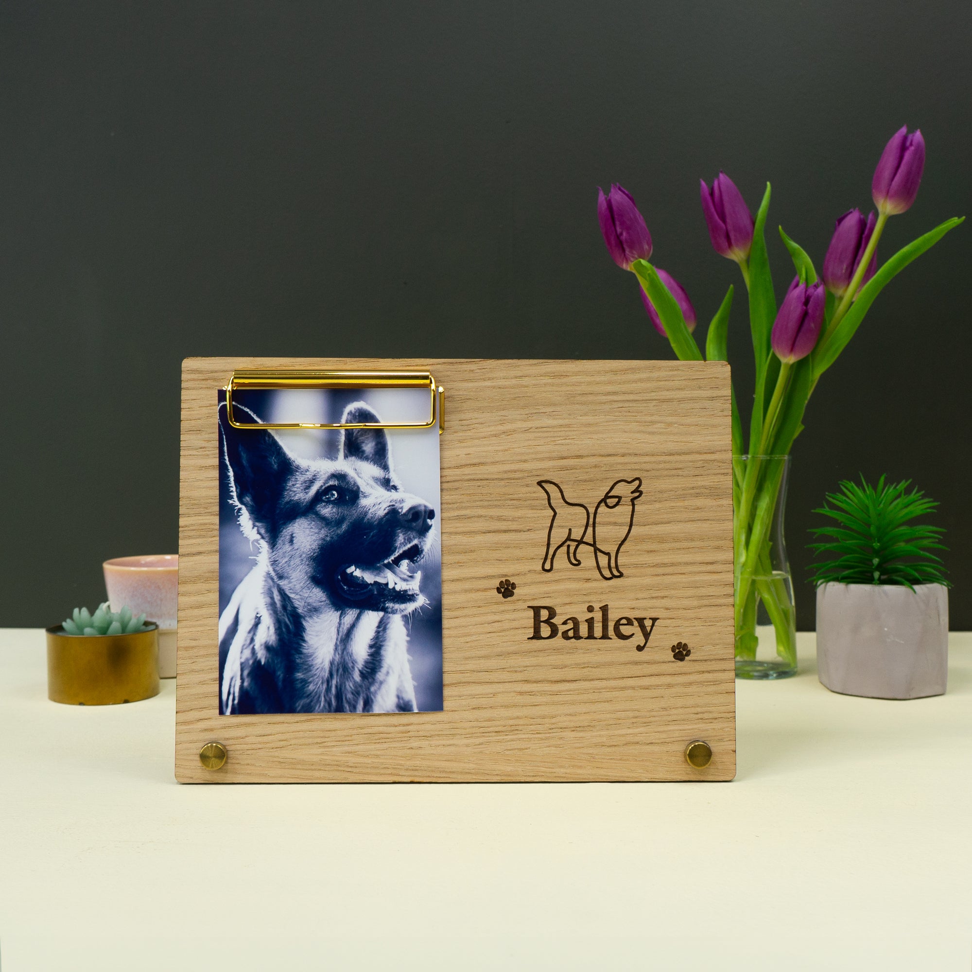 Personalised pet dog photo display stand. Custom made wooden photograph frame