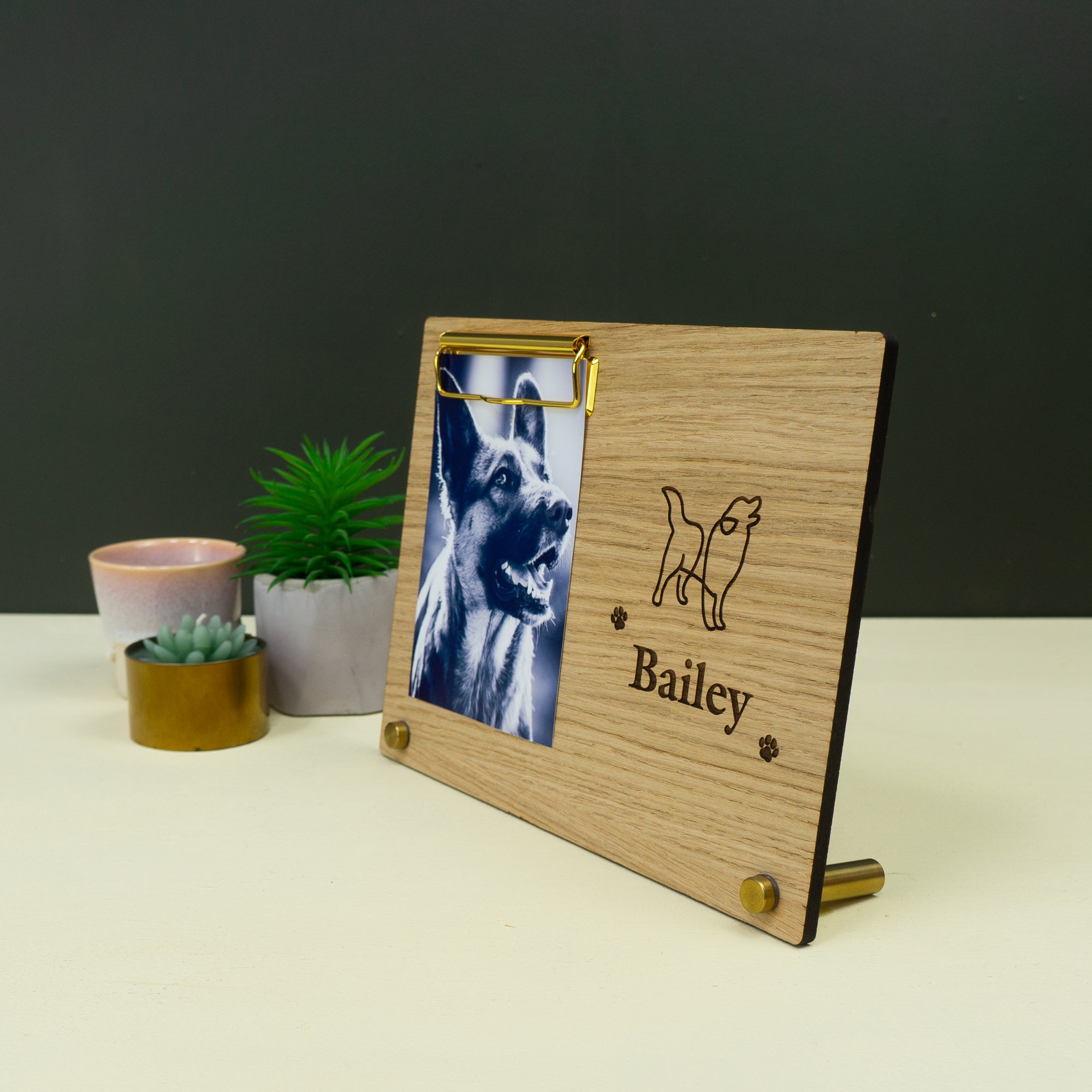 Personalised pet dog photo display stand. Custom made wooden photograph frame