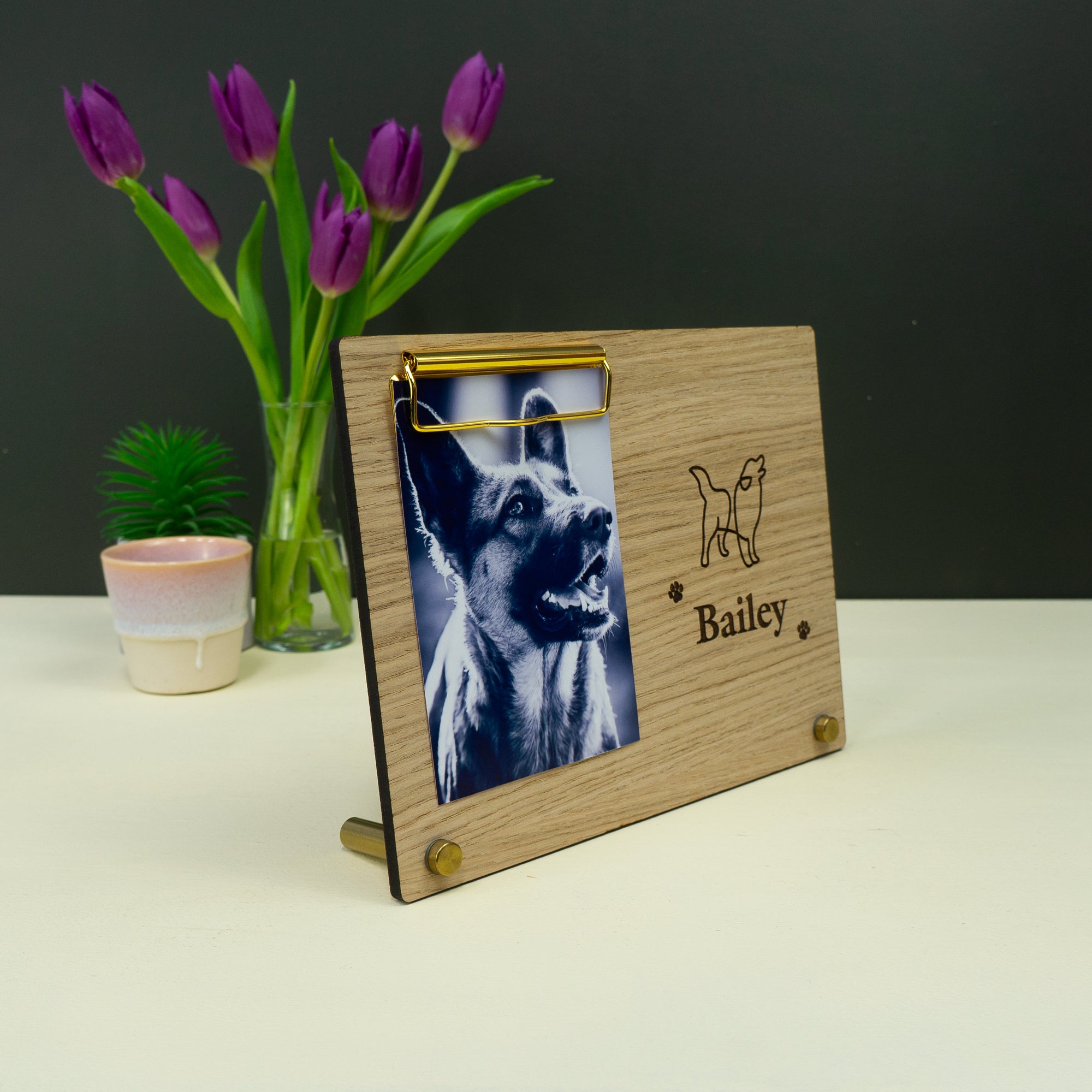 Personalised pet dog photo display stand. Custom made wooden photograph frame