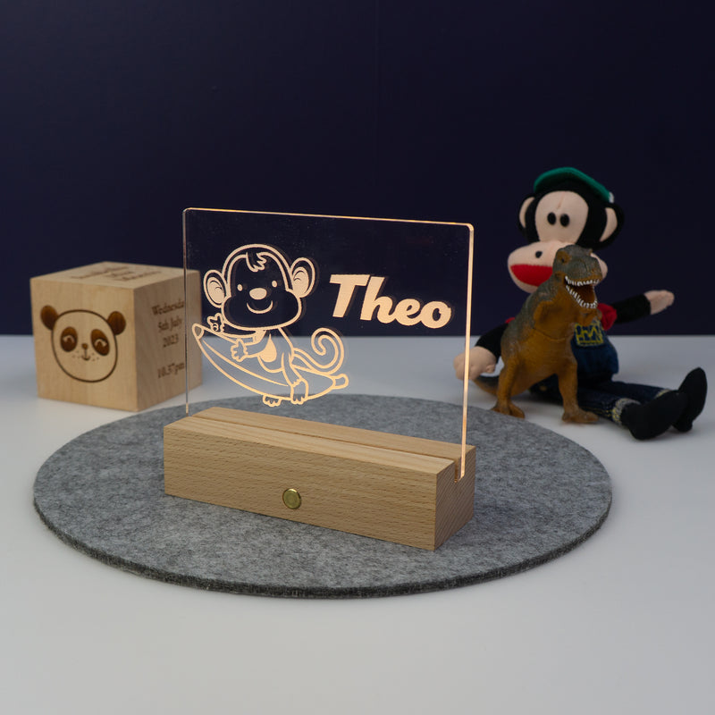 Personalised light up name plaque. Cheeky monkey LED sign