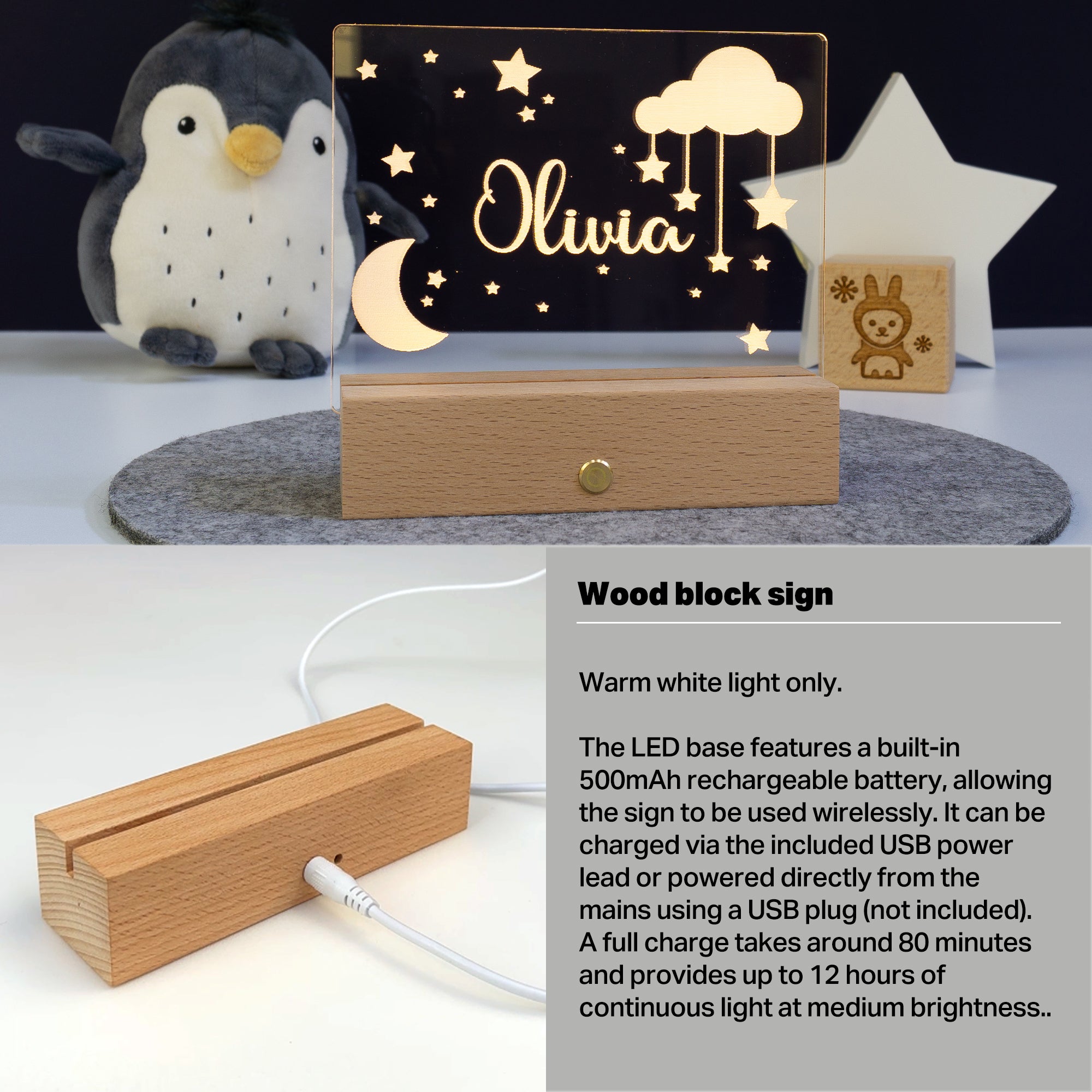 Personalised moon and star night light
