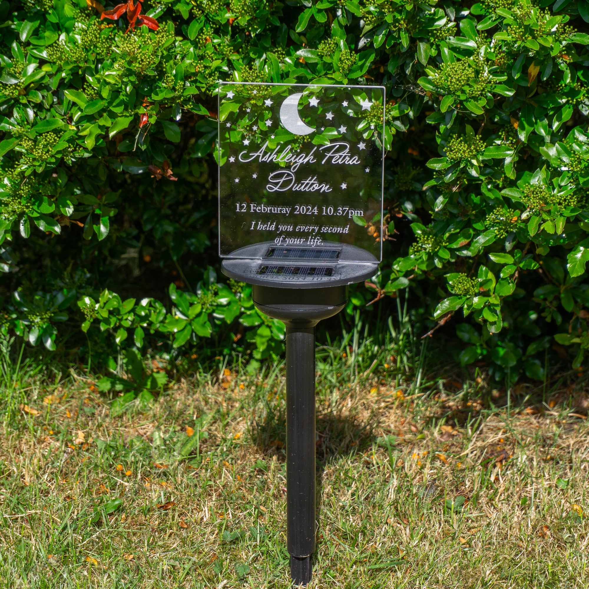 Child loss born sleeping remembrance gift. Solar powered light up outdoor LED sign for memory garden. Graveside cemetery decoration