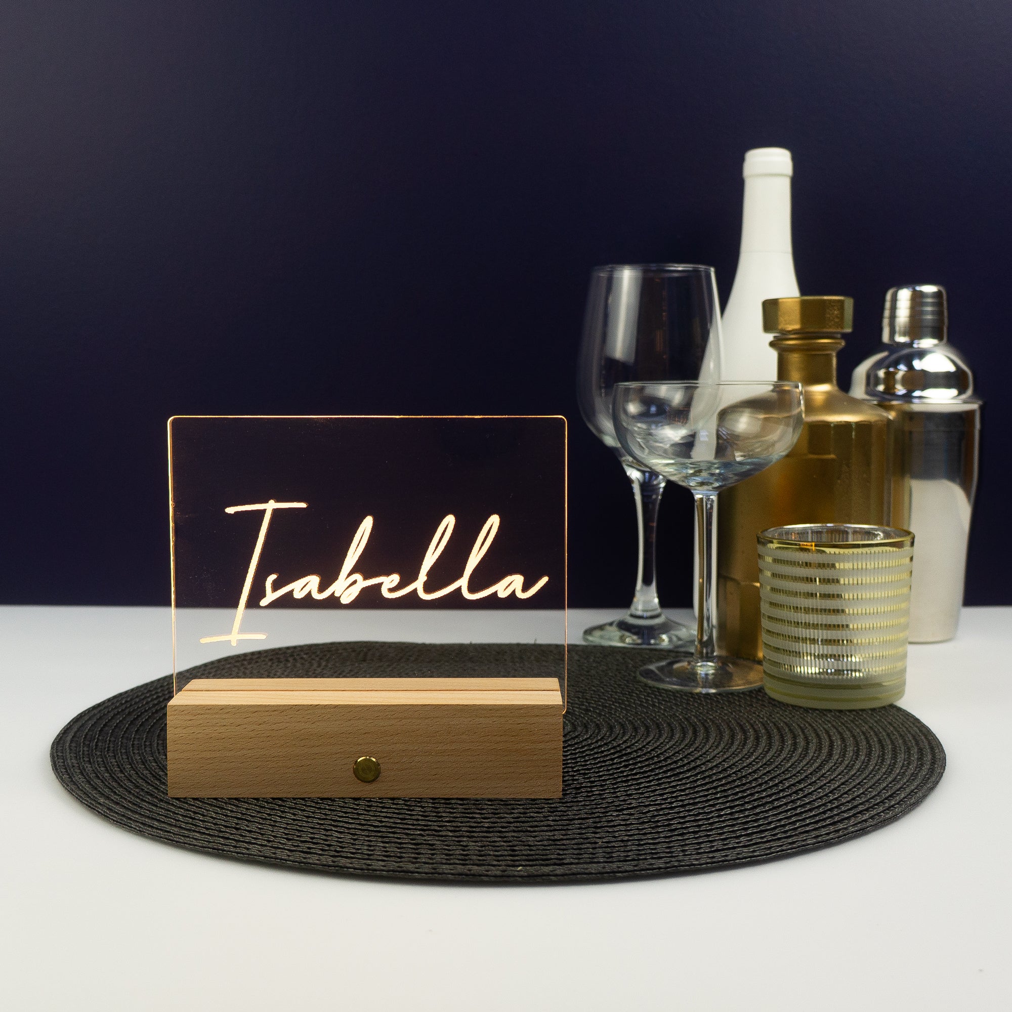 Personalised mini light up LED sign. Cursive text name plaque