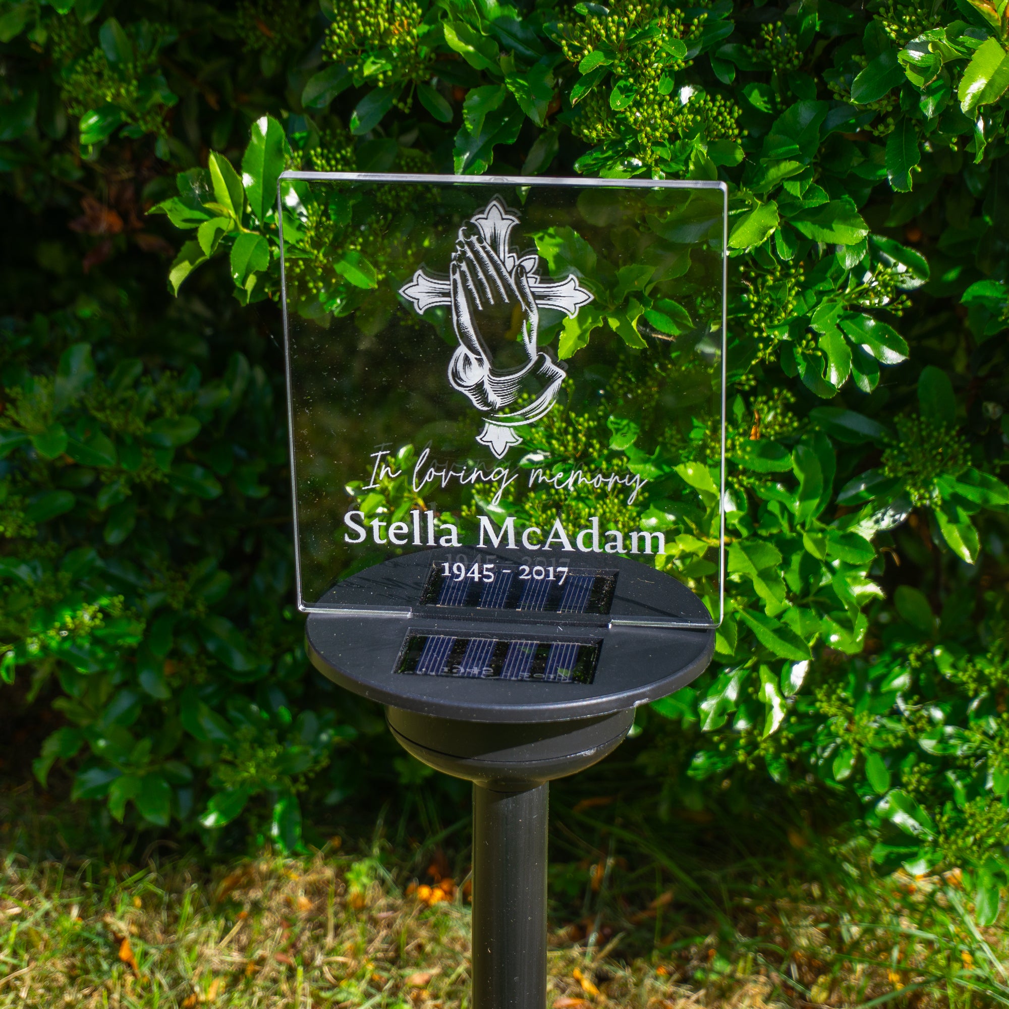 Christian cross memorial plaque Personalised solar powered outdoor LED sign