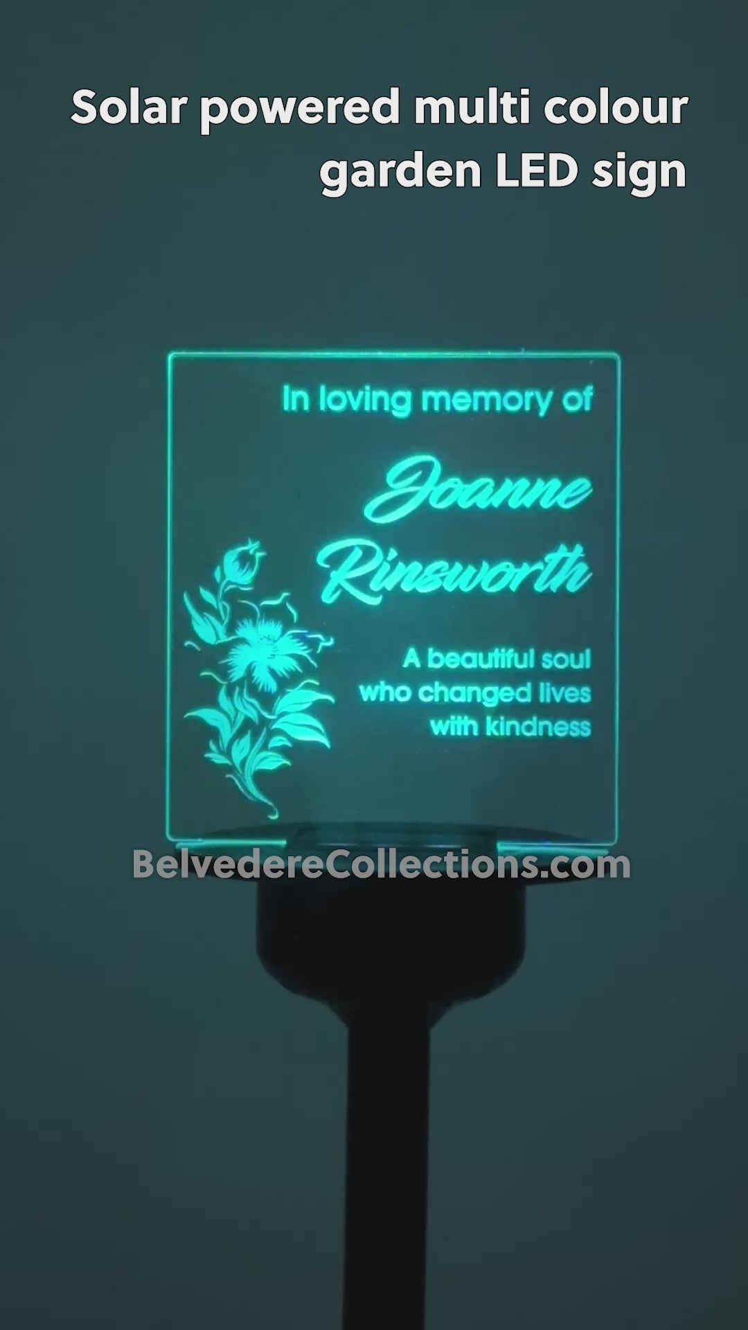 Floral sympathy gift custom made grave marker. Personalised solar powered light up LED sign. Memorial garden graveside name plaque