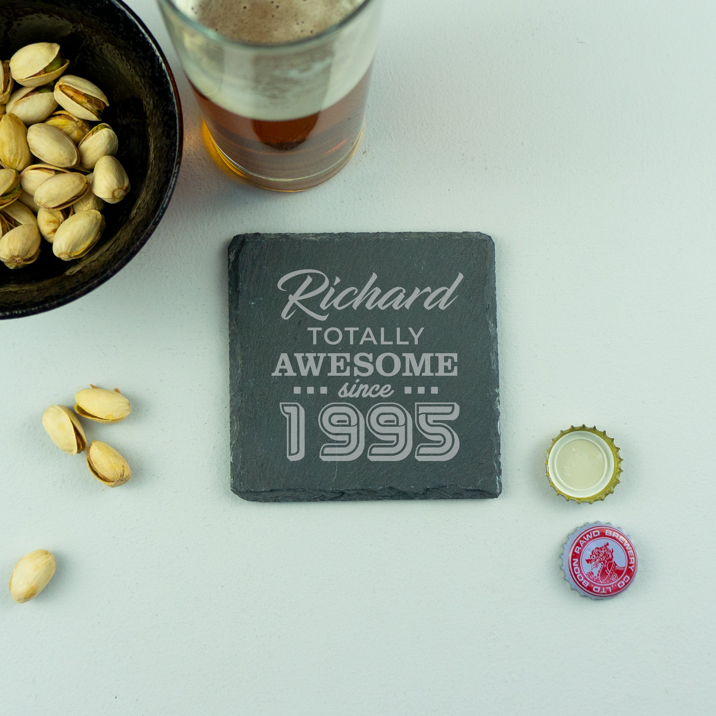 Personalised 30th Birthday Gift. Custom engraved slate drinks coaster, lighter or beer bottle opener