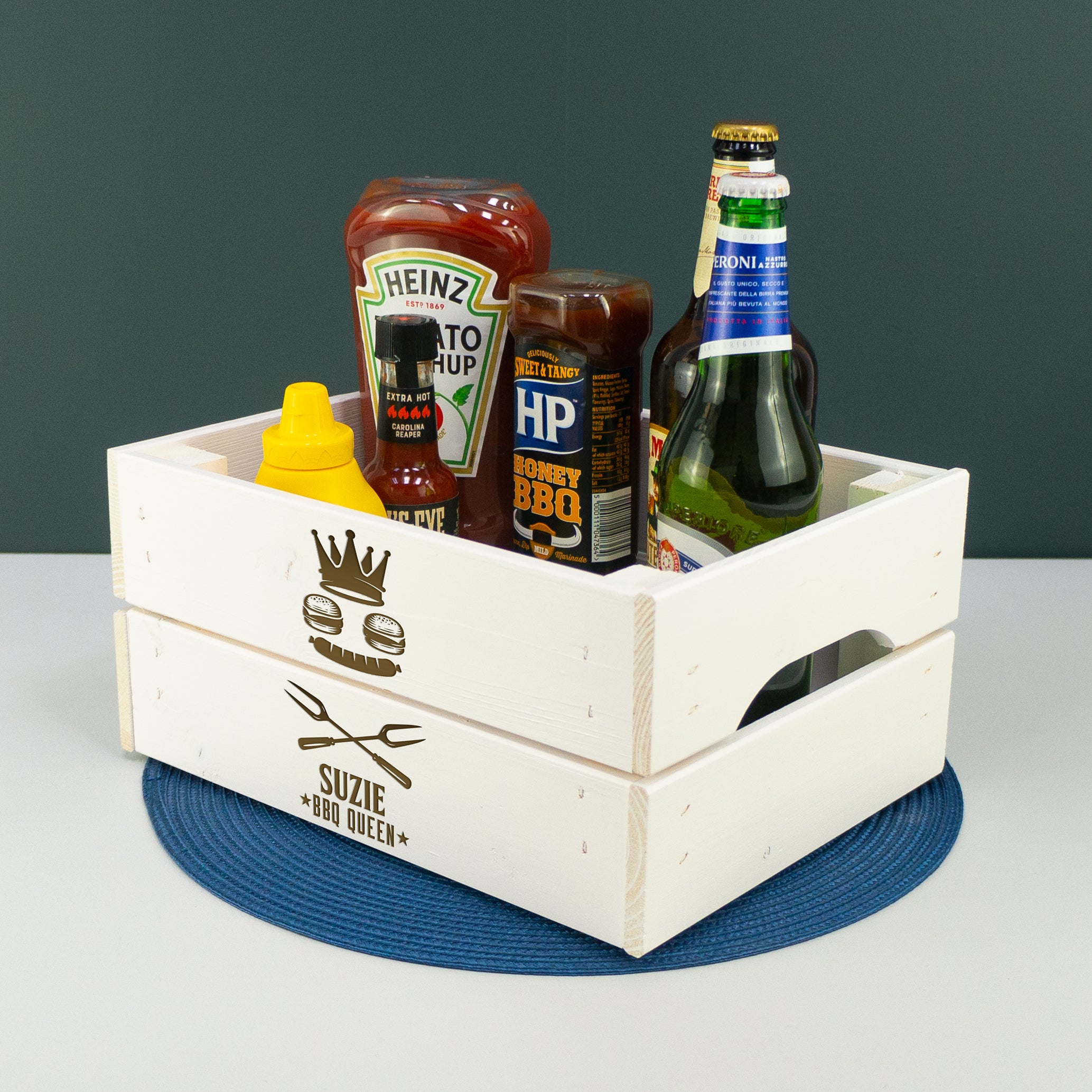 Personalised white BBQ crate. White wooden BBQ caddy