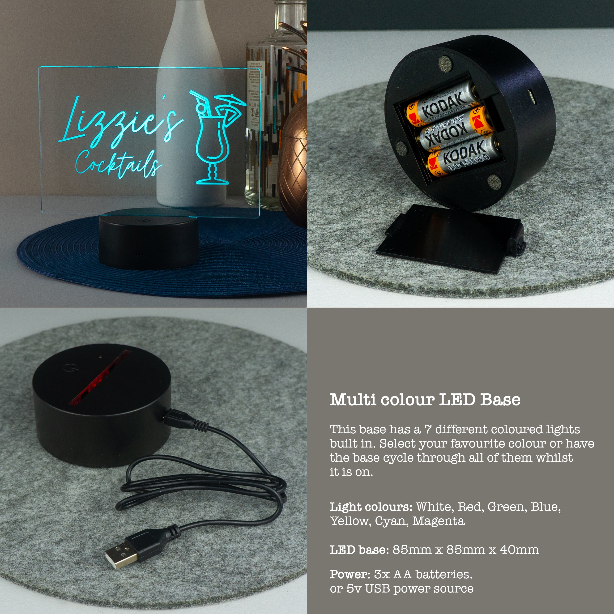 Personalised cocktail light up LED sign. Drinks trolley name plaque