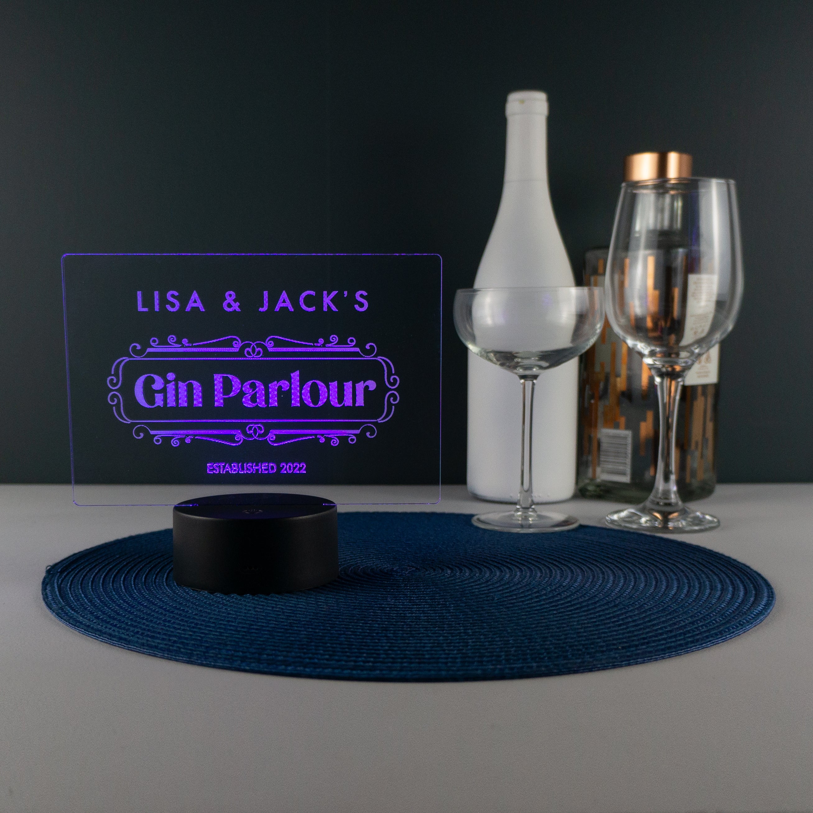Personalised Gin Parlour LED Sign. Home barware decoration