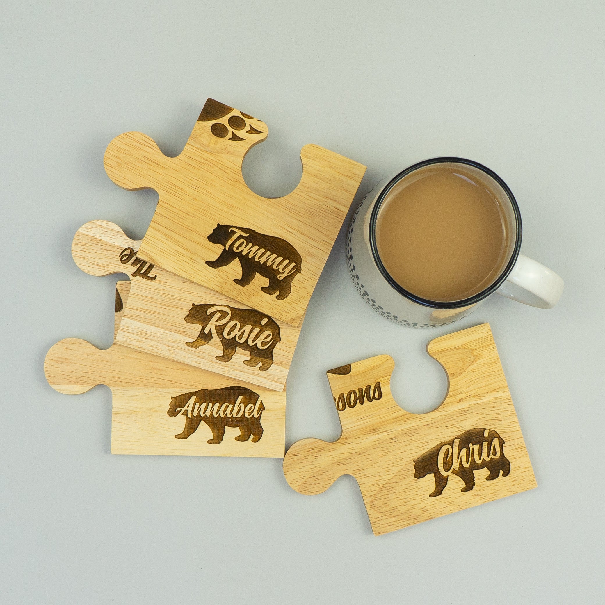 Personalised wooden jigsaw coaster set