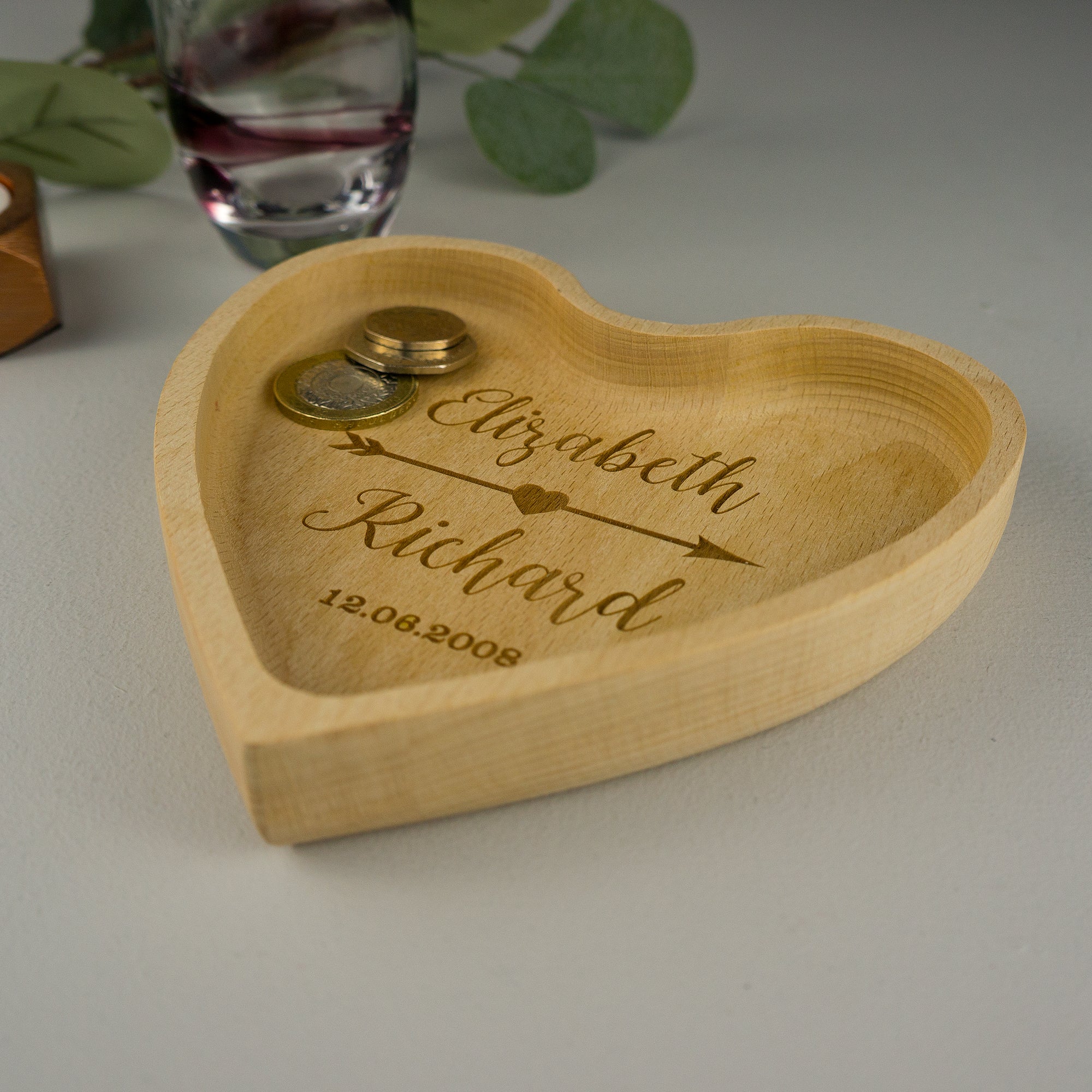Love heart wooden coin tray