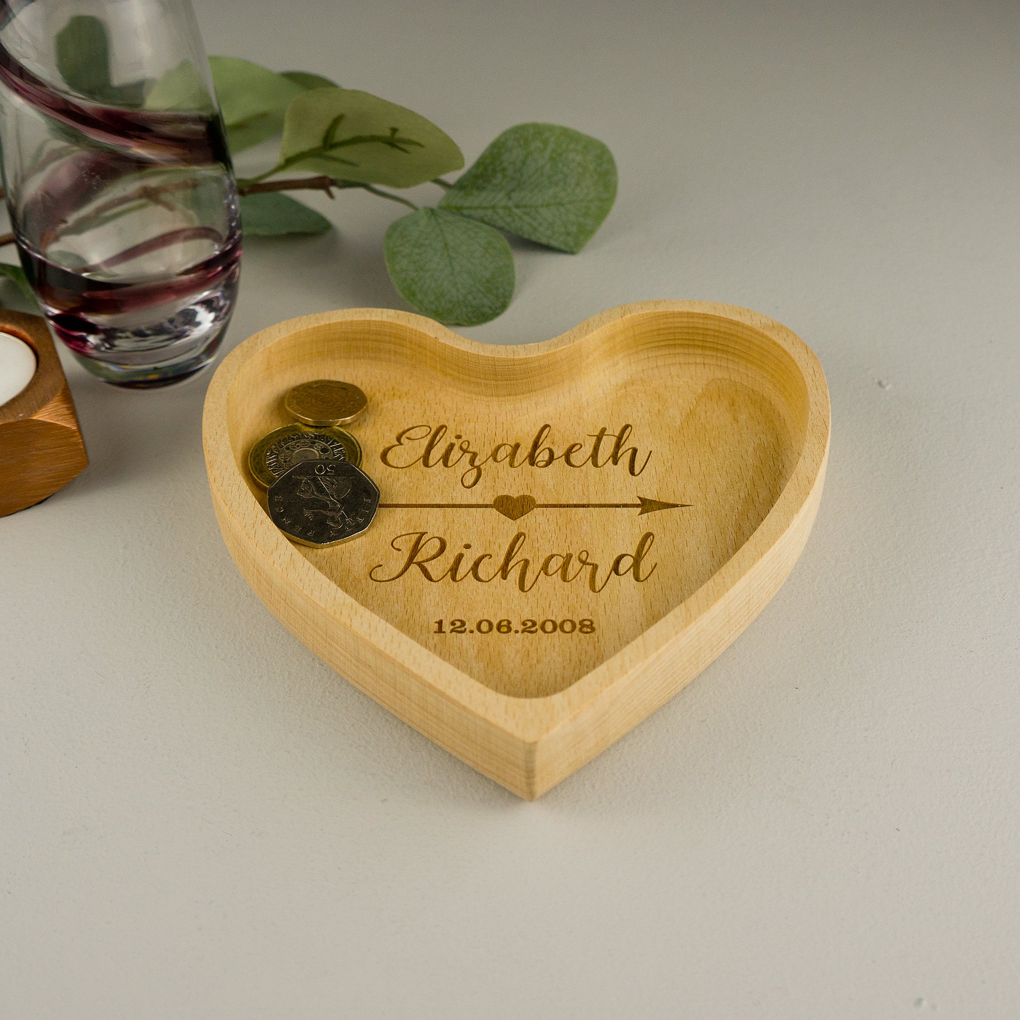 Love heart wooden coin tray