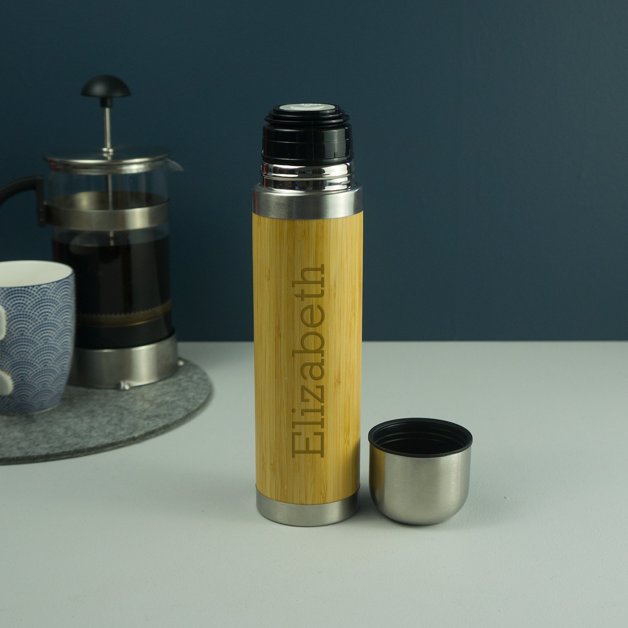 Bamboo and metal vacuum flask