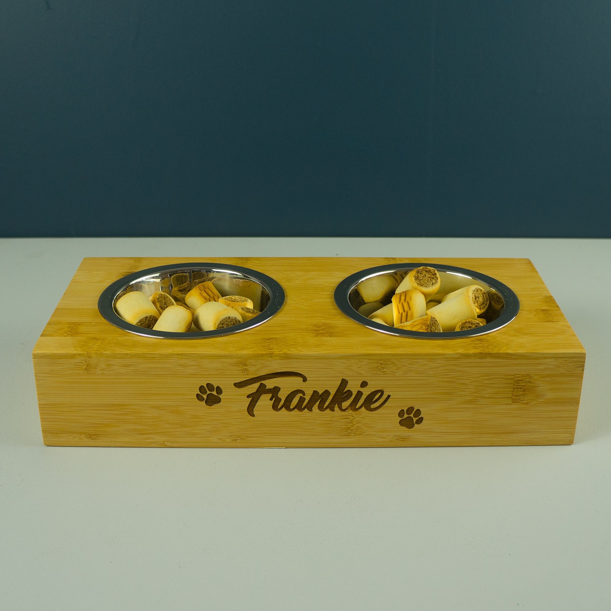 Twin bamboo pet bowls