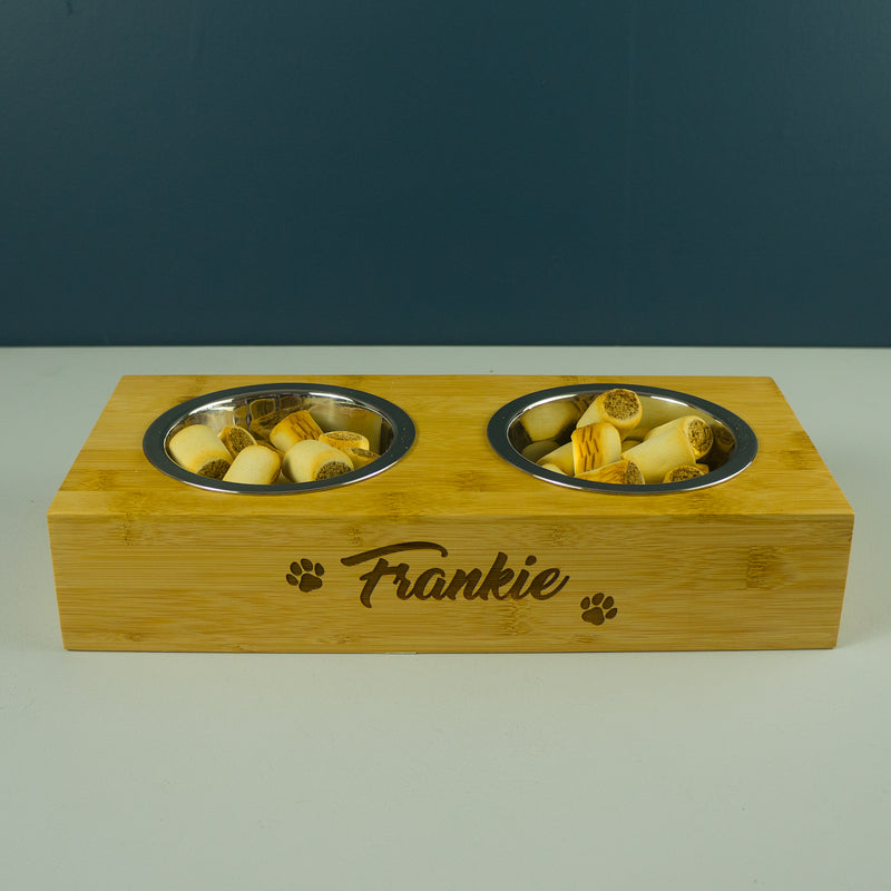 Twin bamboo pet bowls