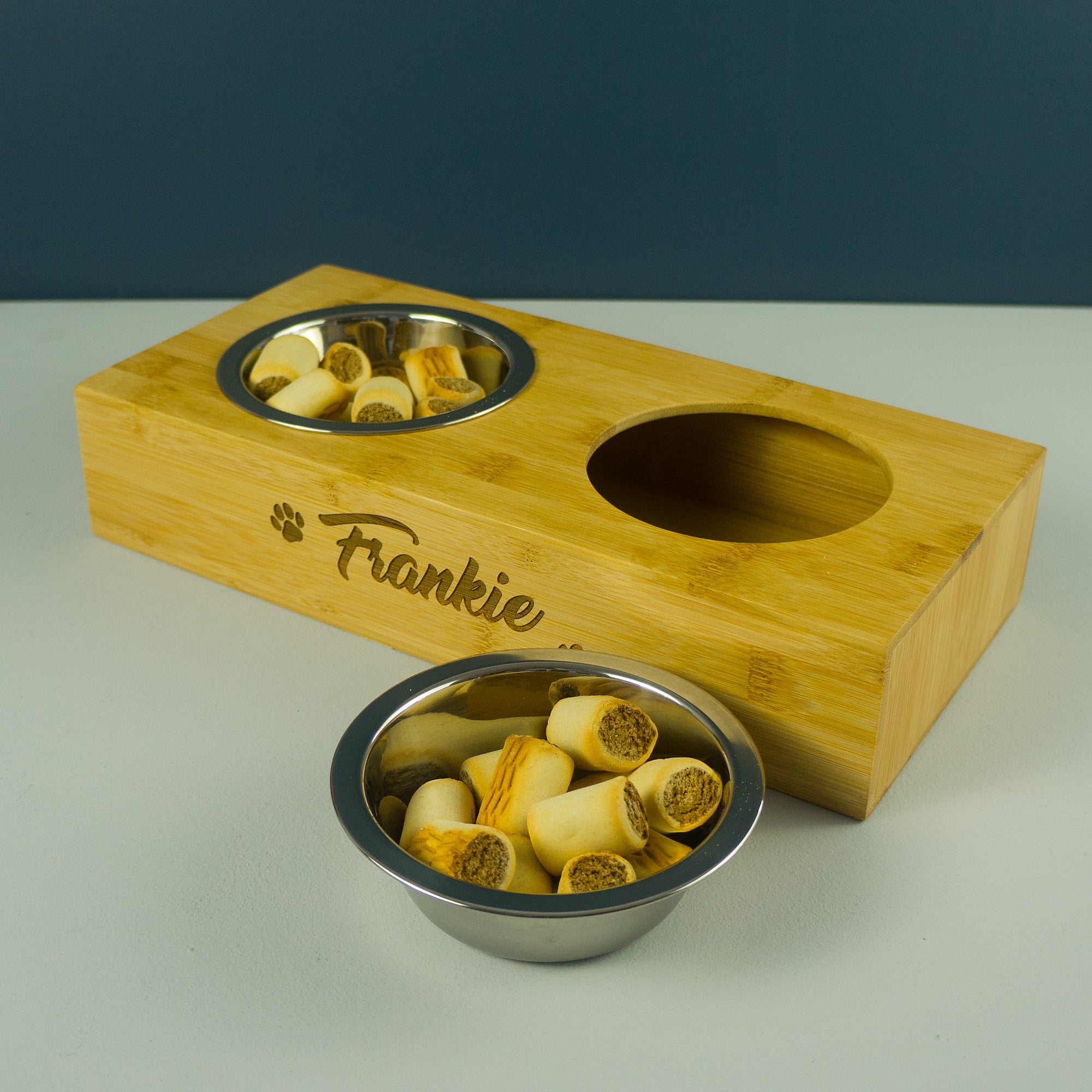 Twin bamboo pet bowls