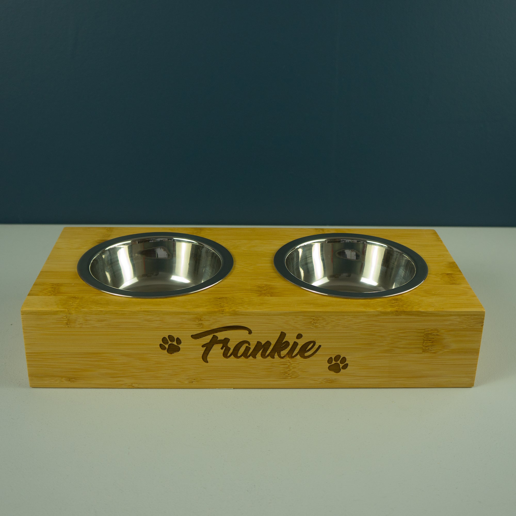 Twin bamboo pet bowls