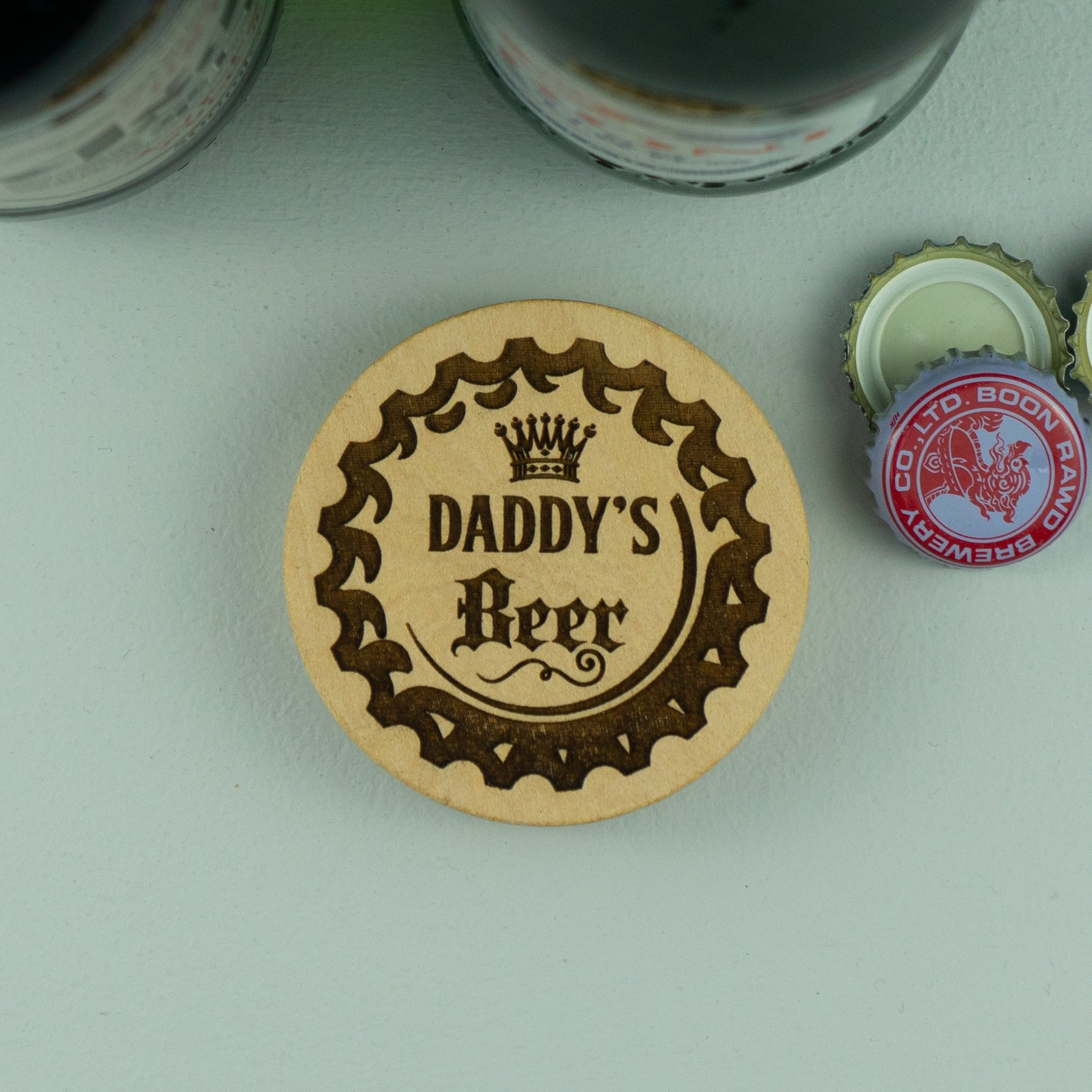 Wooden beer bottle opener fridge magnet