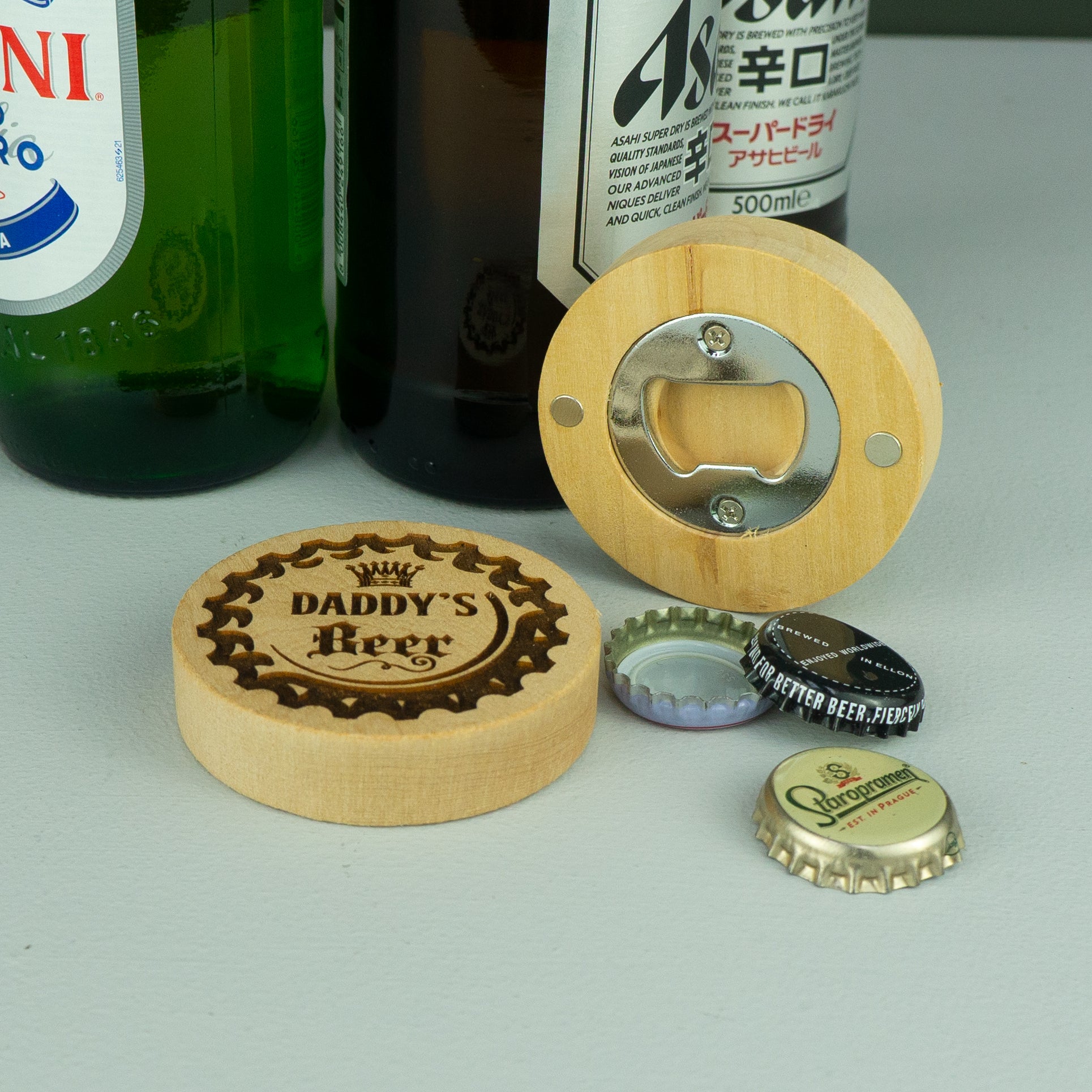 Wooden beer bottle opener fridge magnet