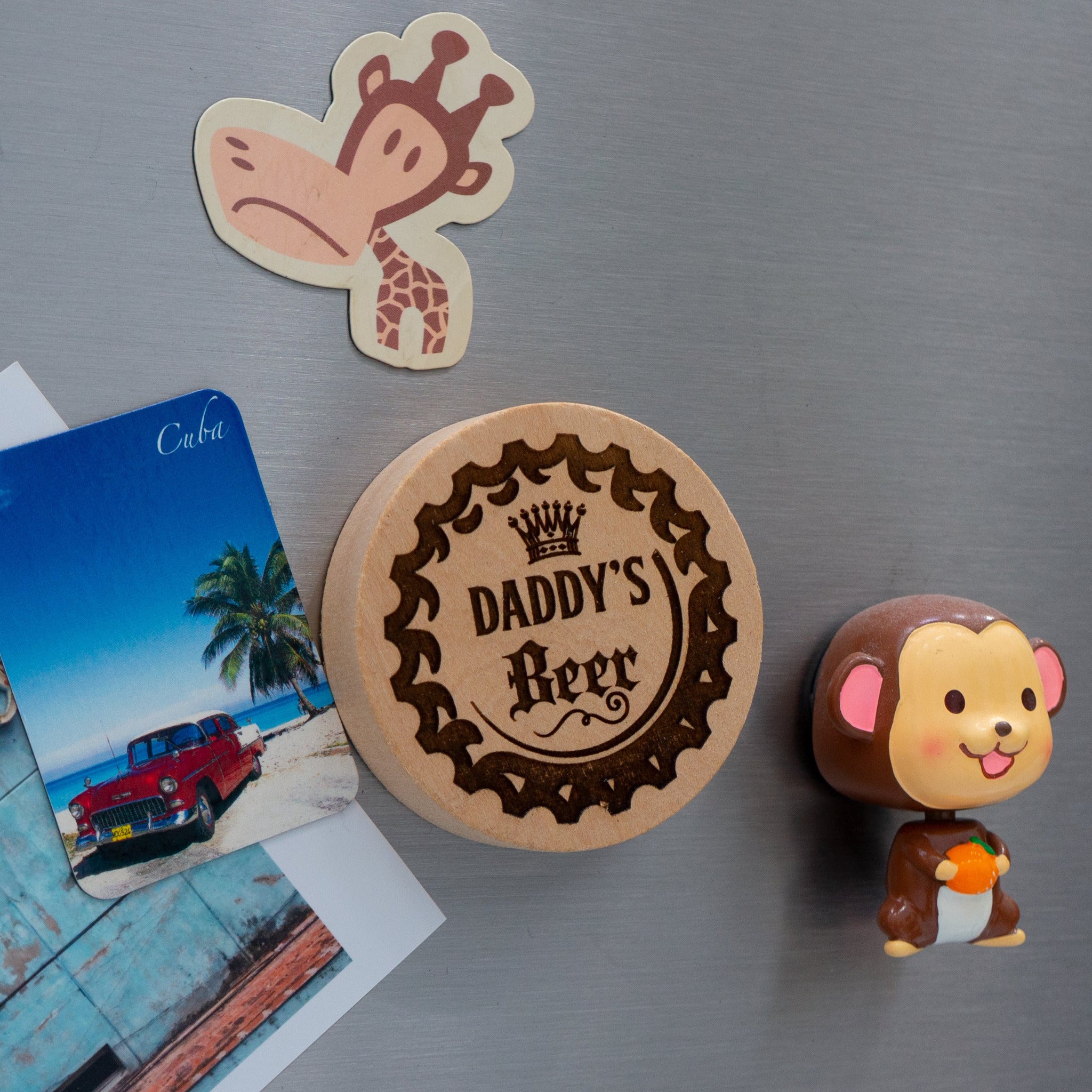 Wooden beer bottle opener fridge magnet