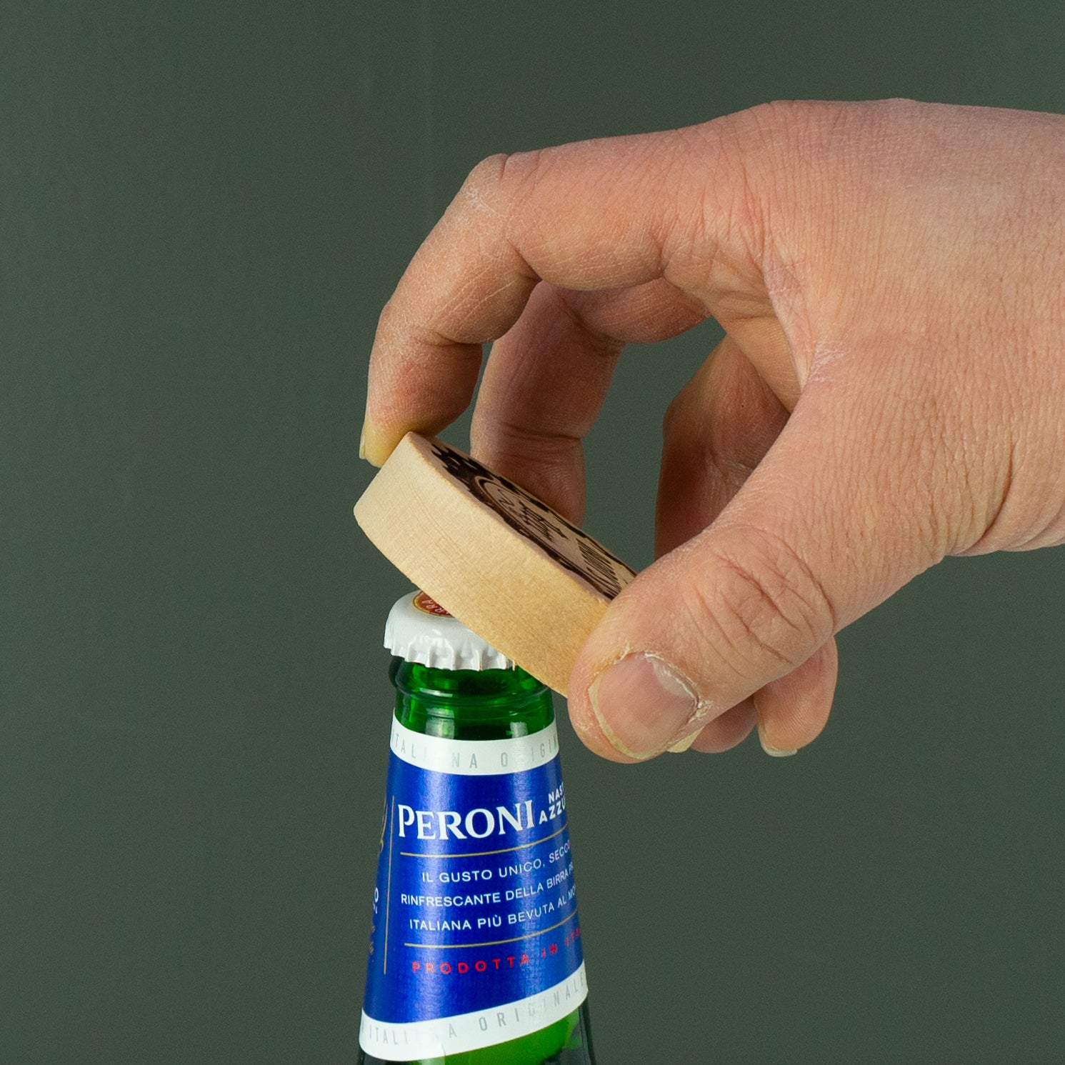 Wooden beer bottle opener fridge magnet