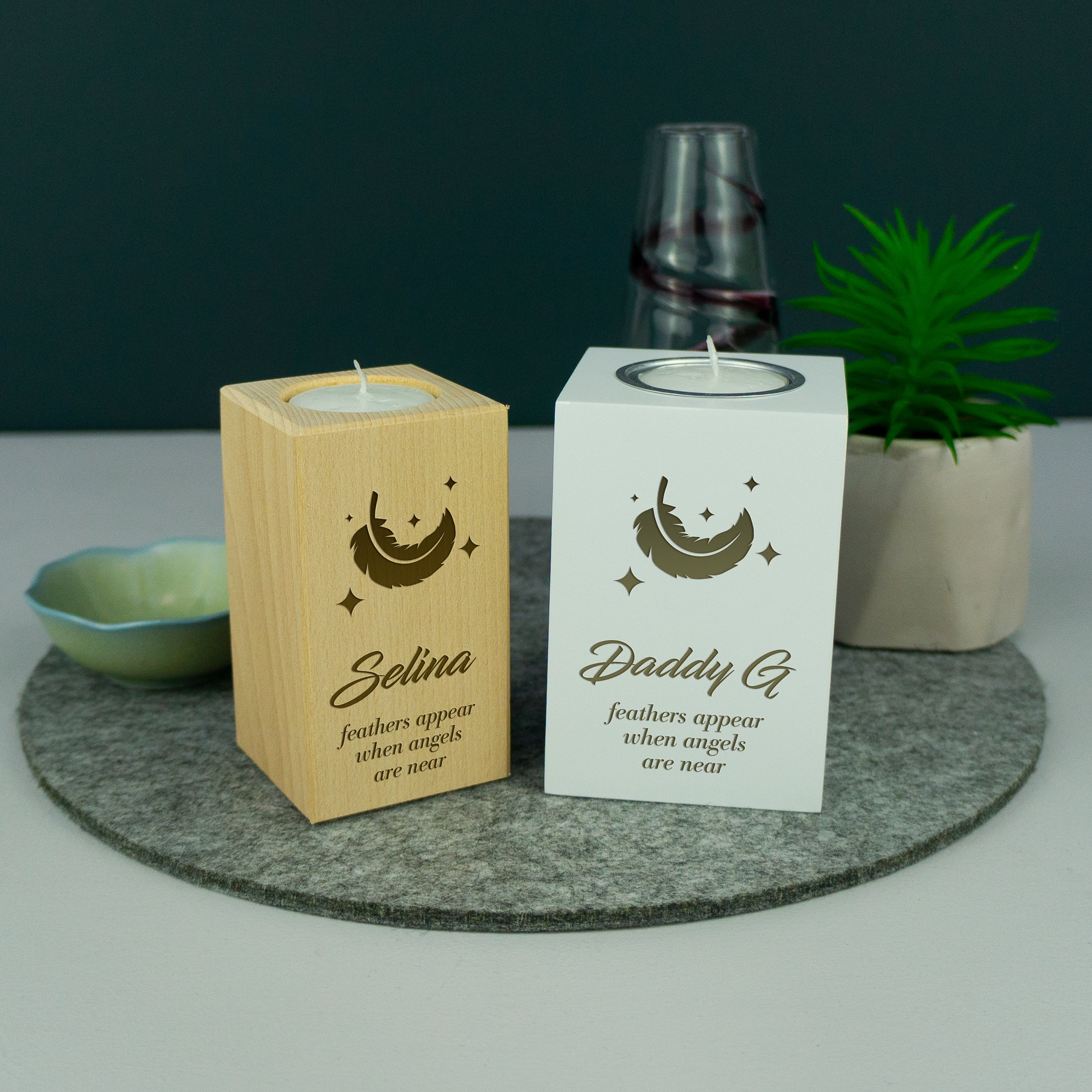 Personalised wooden remembrance candle holder.