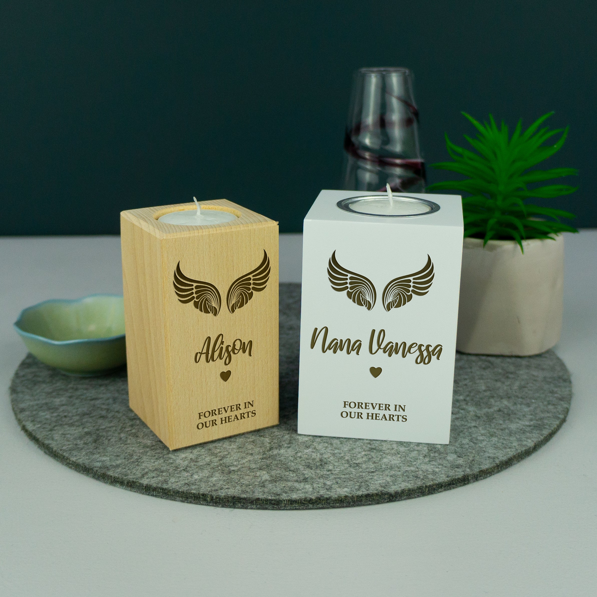 Personalised angel wings memorial candle holder