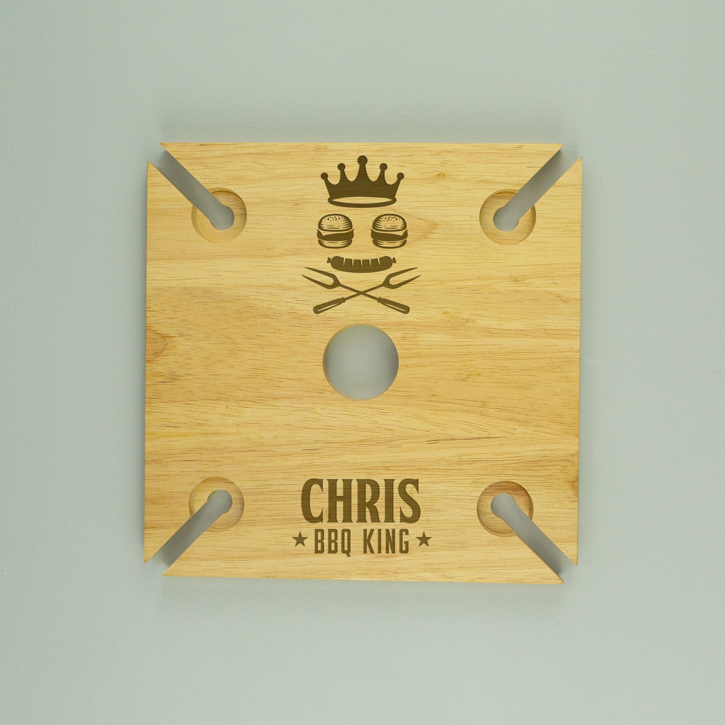 Personalised BBQ 4 glass and bottle holder. Wooden wine bottle and glassware serving tray