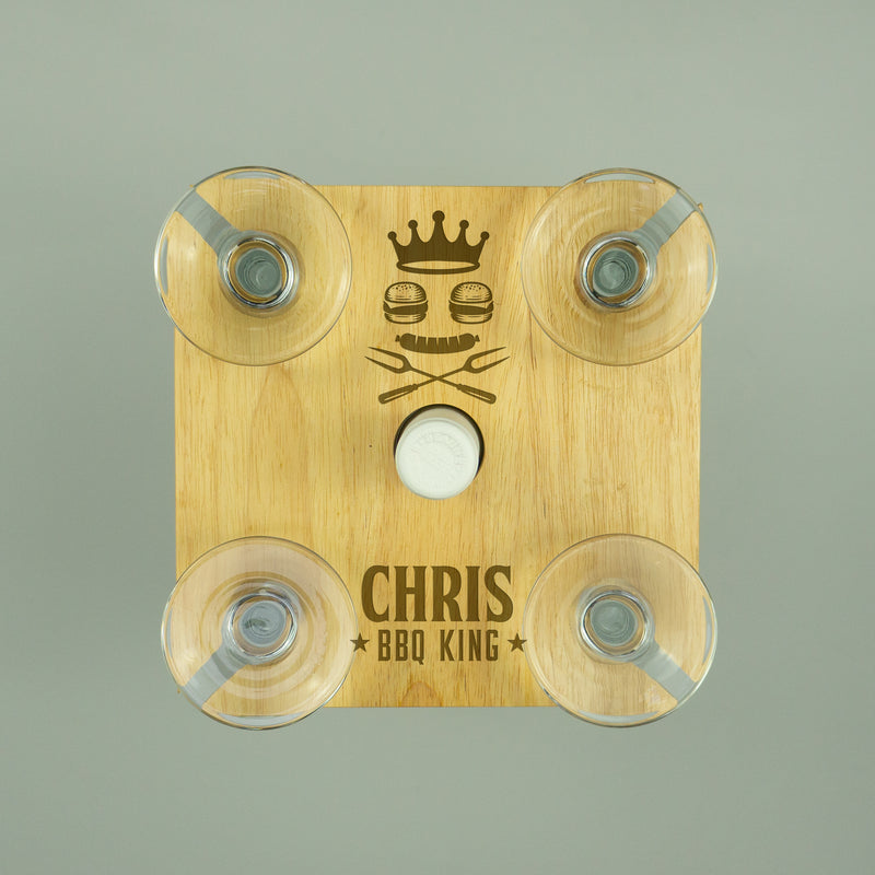 Personalised BBQ 4 glass and bottle holder. Wooden wine bottle and glassware serving tray