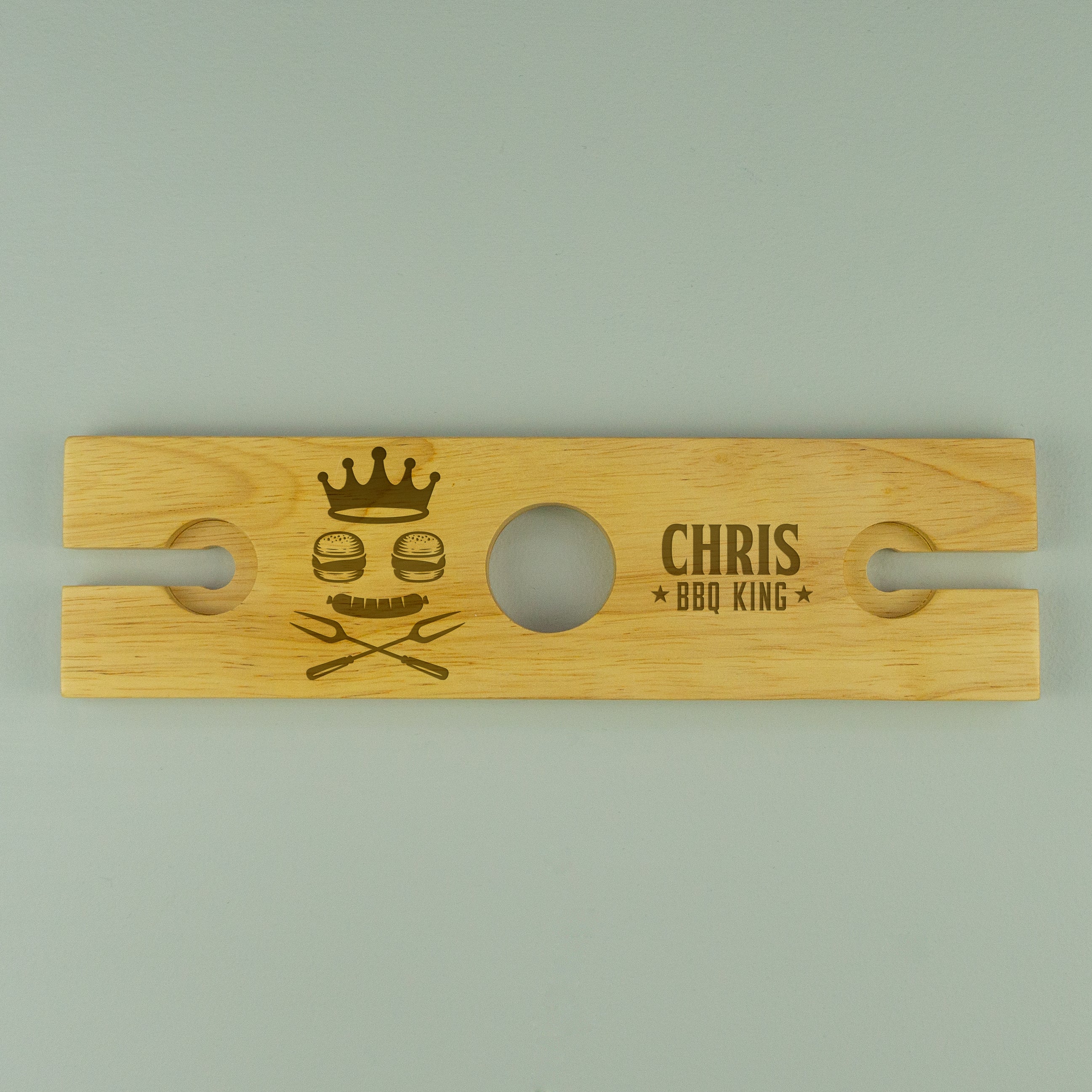 Personalised twin wine glass holder. BBQ wine bottle and glassware serving tray