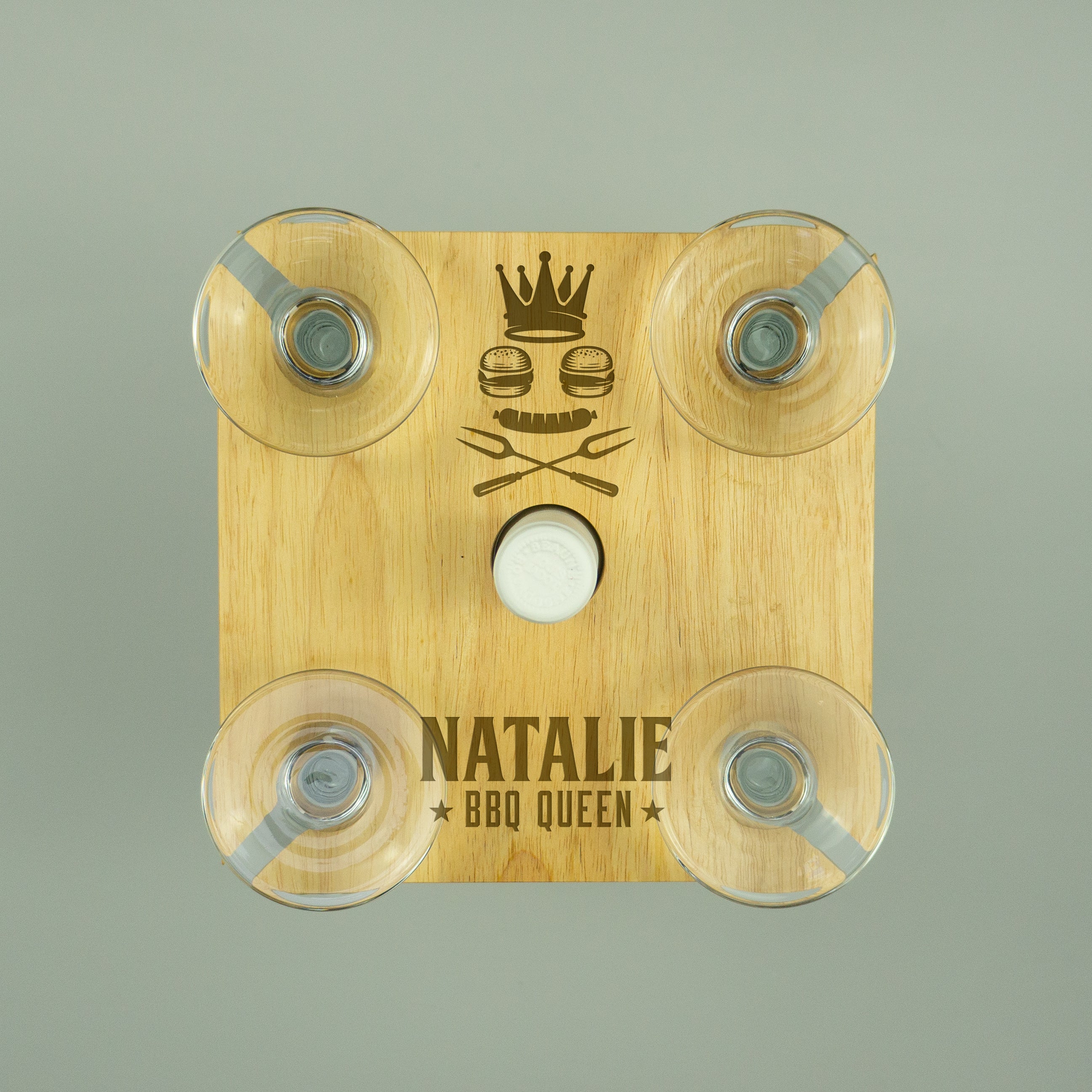 Personalised BBQ 4 glass and bottle holder. Wooden wine bottle and glassware serving tray