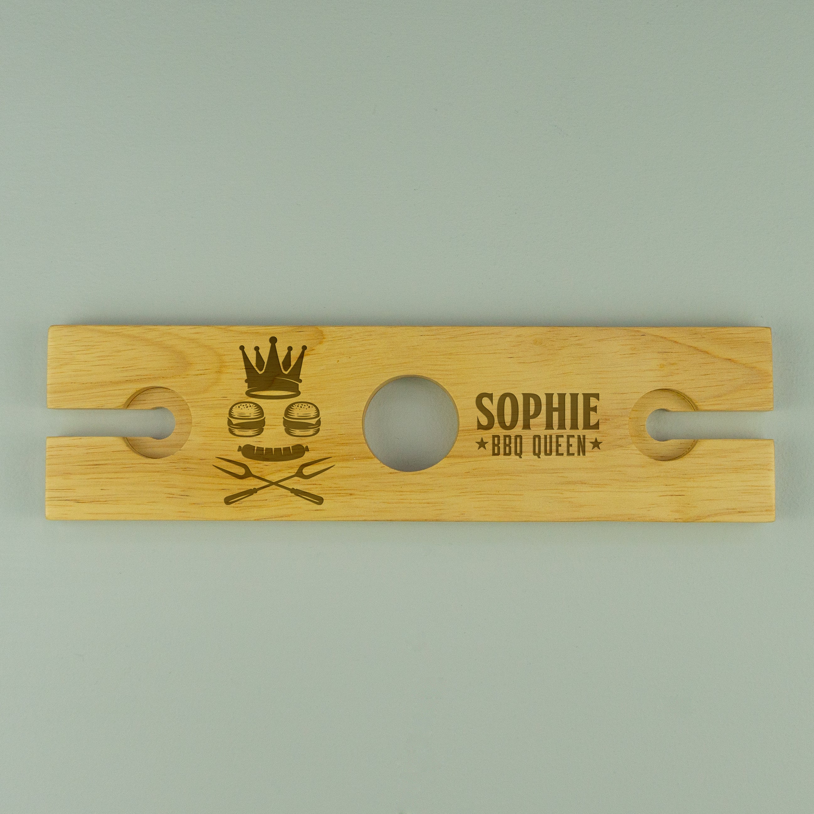 Personalised twin wine glass holder. BBQ wine bottle and glassware serving tray