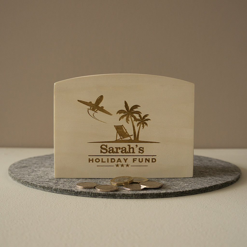 Personalised dream holiday money box. Engraved wooden piggy bank box