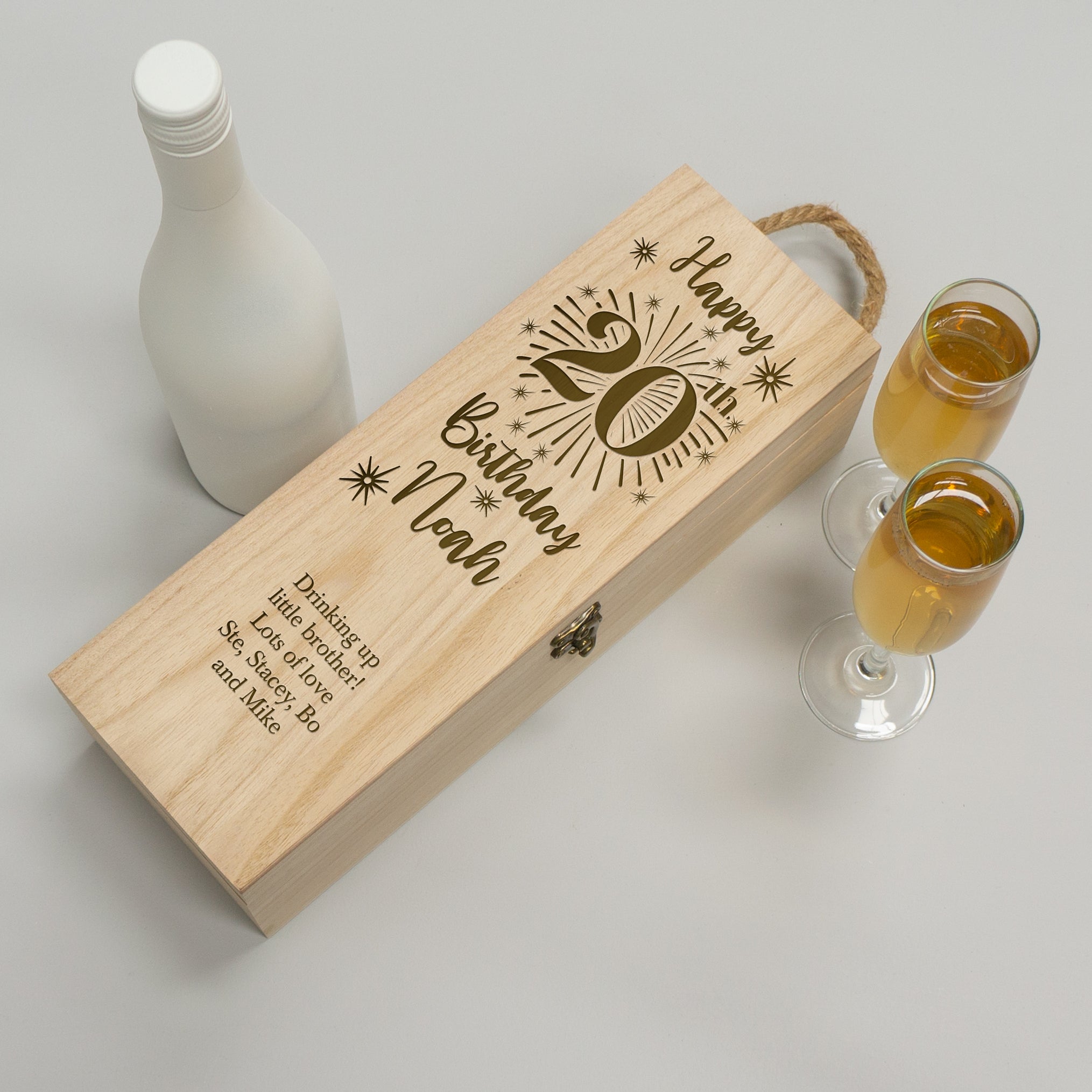 20th birthday wooden wine box. Custom engraved gifting box
