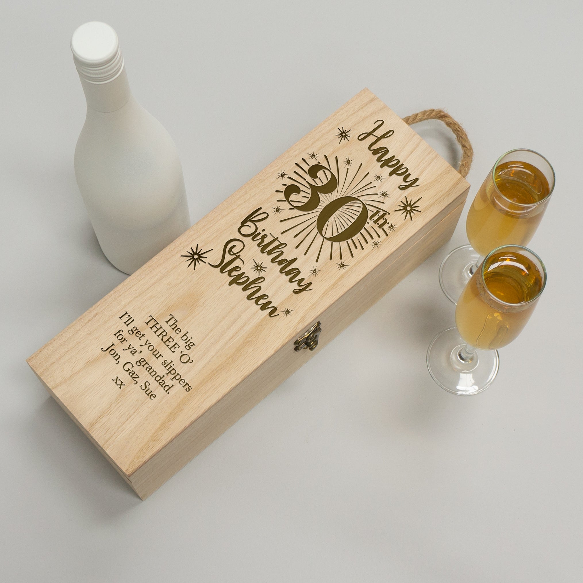 Personalised 30th birthday wooden wine box. Custom engraved gifting box