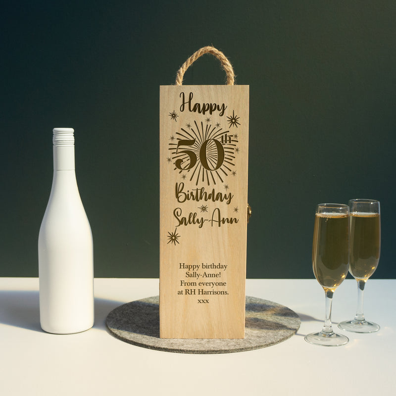 Personalised 50th birthday wooden wine box. Custom engraved gifting box