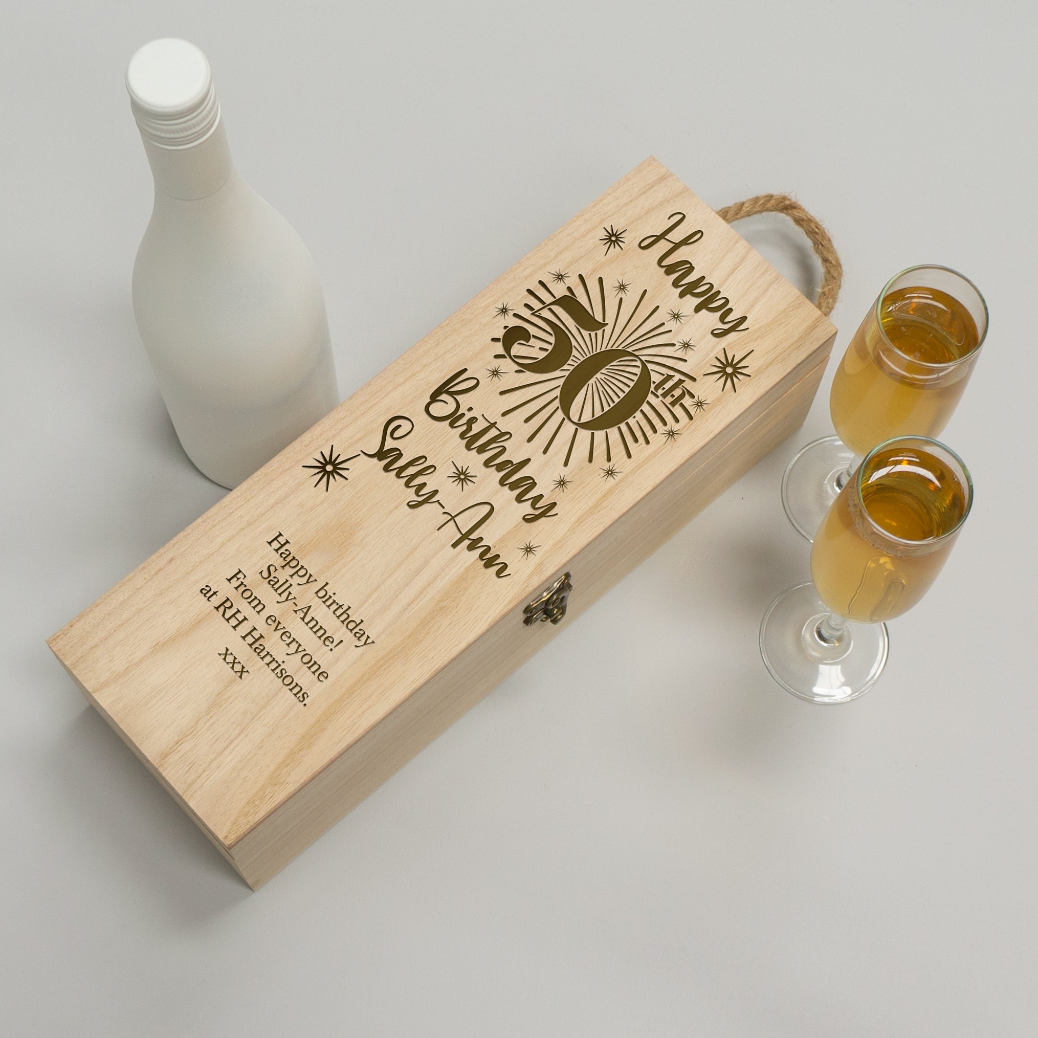 Personalised 50th birthday wooden wine box. Custom engraved gifting box